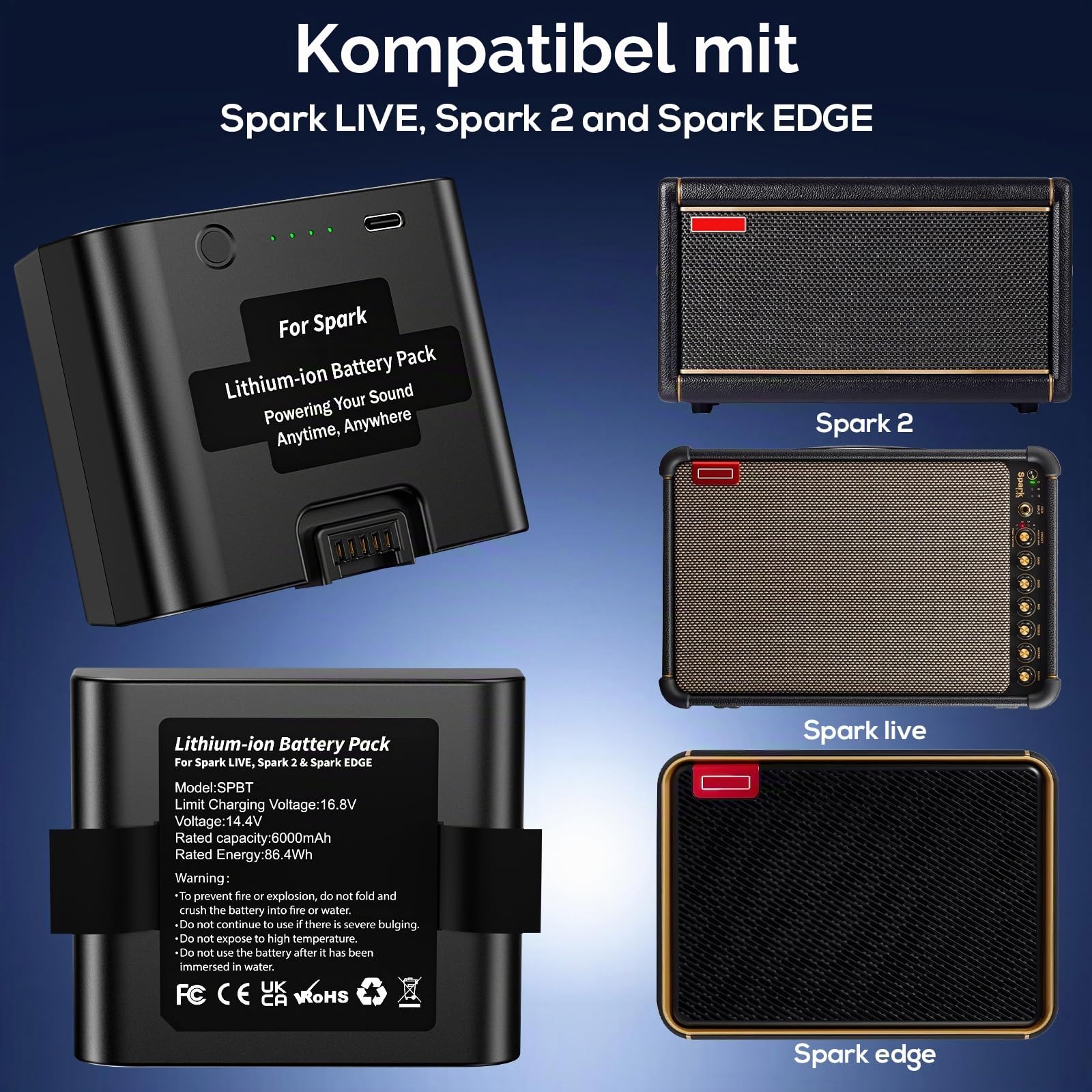 6000mAh Spark-Akku-Ersatz Lithium-Ionen-Akku | Kompatibel mit Spark Live, Spark 2 und Spark Edge, wiederaufladbarer Akku verlängert die Partyzeit, 86,4 Wh
