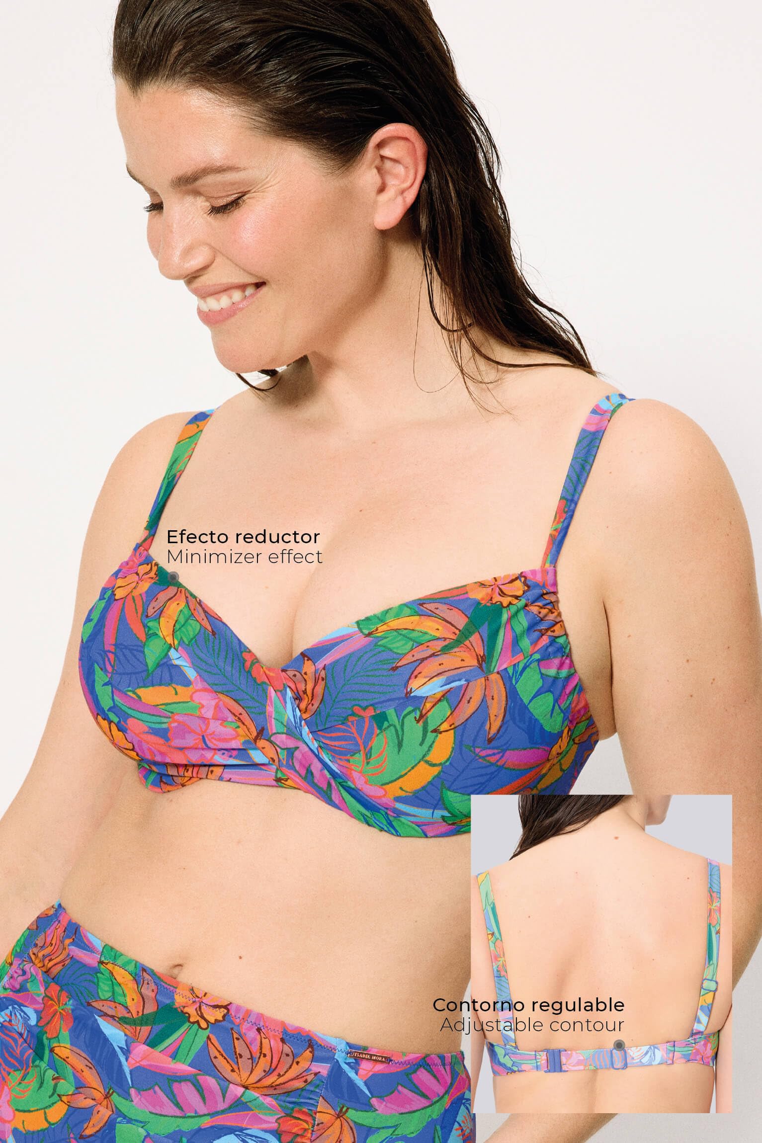 YSABEL MORA. Top Bikini Reductor Contorno Regulable Estampado Tropical Copas C y D. con Aro Sin Relleno. Tirantes Ajustables .Colección Palms.