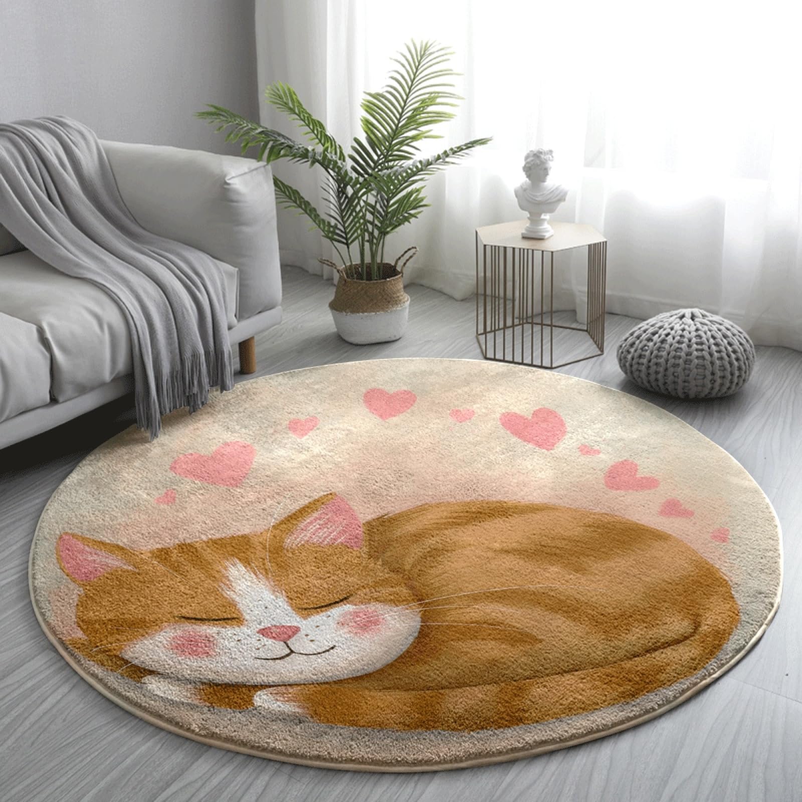 Tapis chat orange 100 cm rond antidérapant et lavable