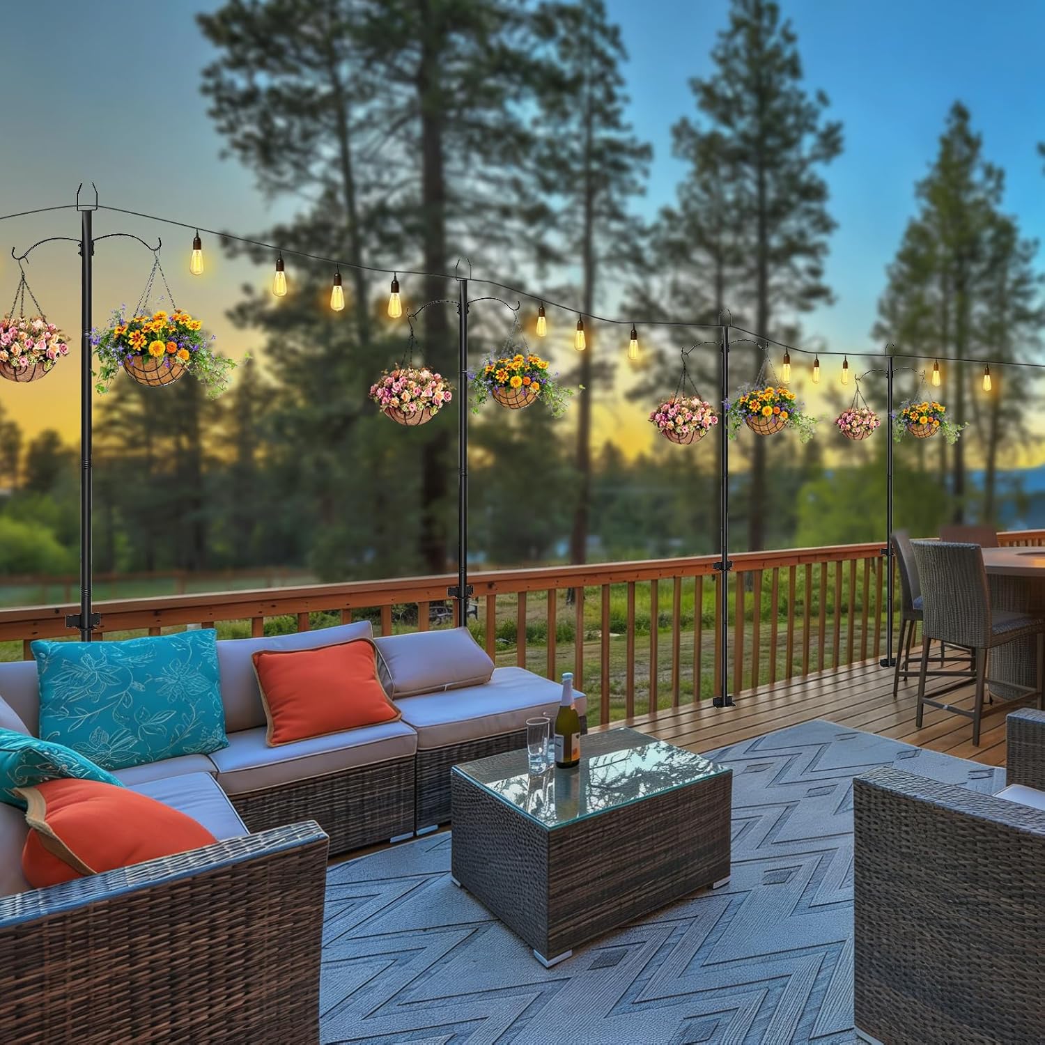 4 Pack String Light Poles, 9FT Outdoor Light Poles for String Lights with Shepherd Hooks for Bird Feeder, Heavy Duty Metal Poles for Patio Deck Decor, Adjustable Light Poles Outside for Plant Hanger