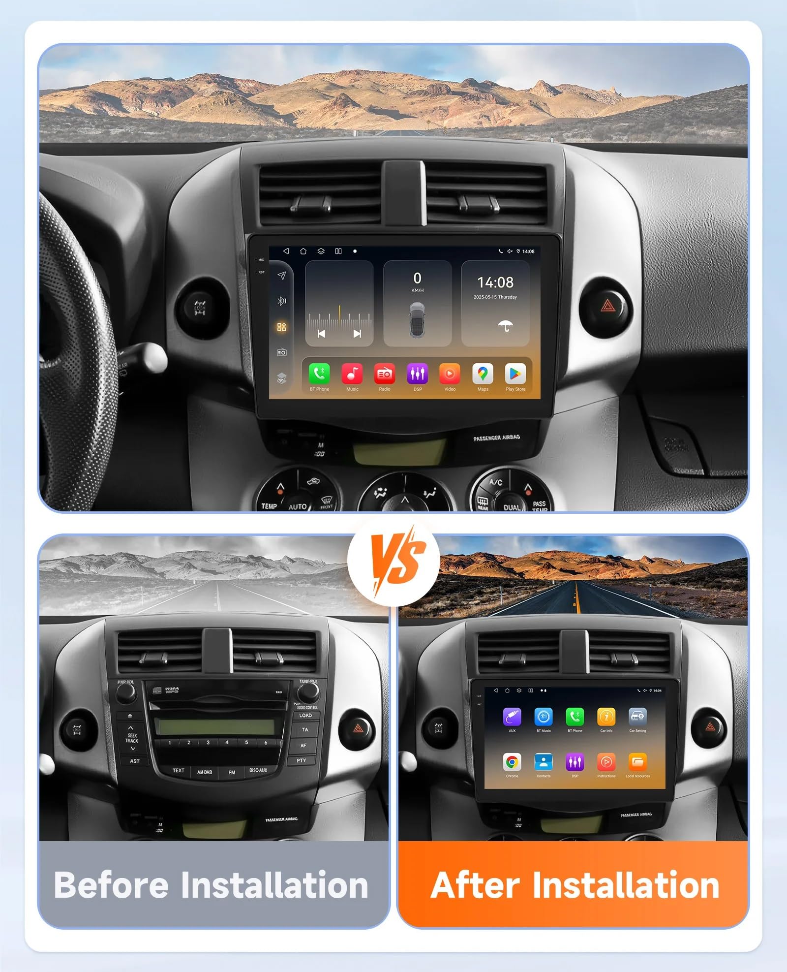 Generico Autoradio Android 15 2 DIN con Schermo Touchscreen da 9 Pollici per Toyota RAV4 2006-2012 con Telecamera Posteriore/CarPlay/Bluetooth/FM/GPS/USB/Wi-Fi 4G/Comandi al Volante/Audio per Auto (E
