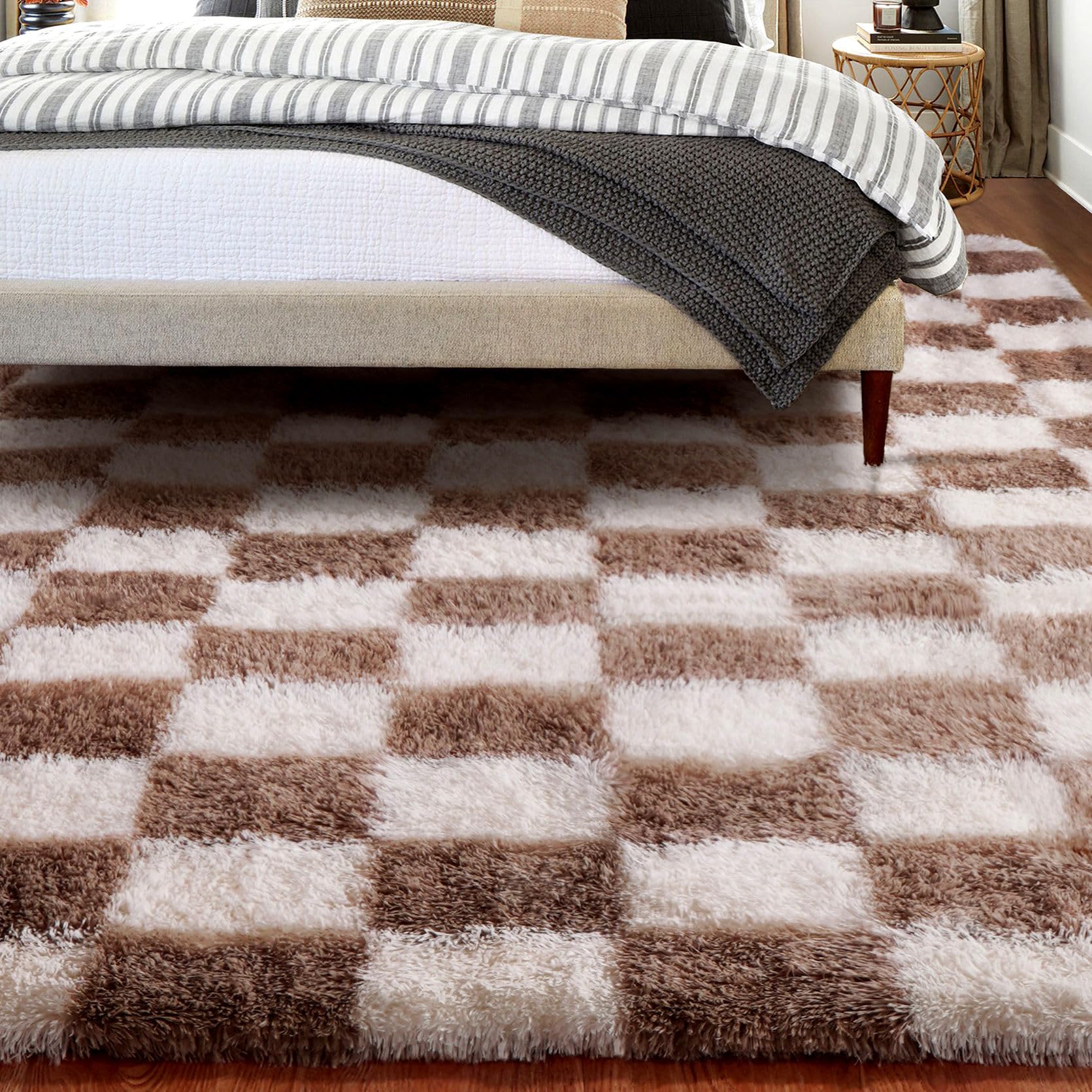 Alfombras de cuadros para dormitorio, 150x210cm, marrón y blanco, suave, alfombra grande para sala de estar, niños y niñas, jóvenes, dormitorio, pelo alto, esponjosa, larga, pasillo