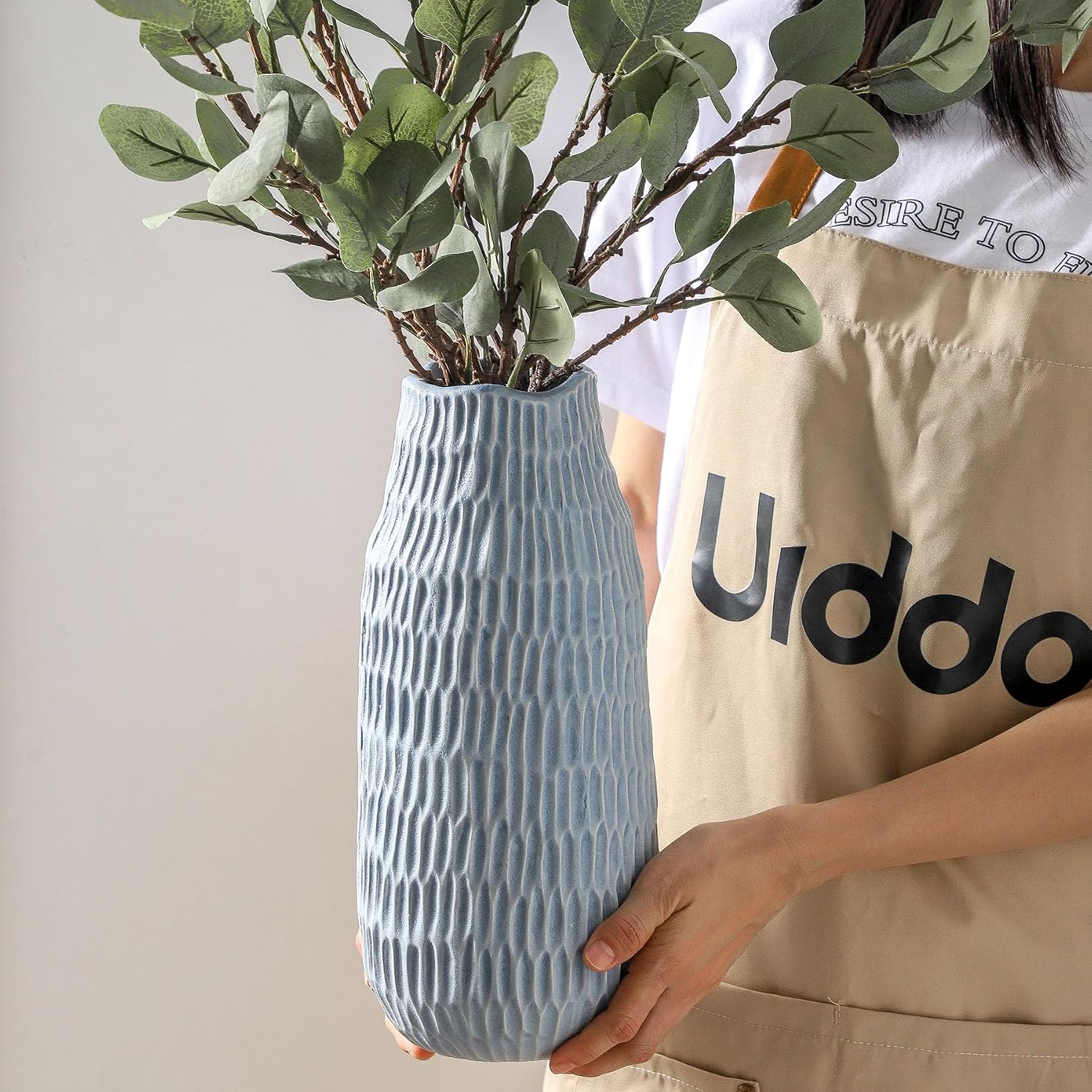 Uiddo 12.6 Inch Mat Blue Modern Handmade Ceramic Vase, Rustic Farmhouse Decorative Flower Vases for Home Decor,Pampas Grass Bouquet, Living Room,Kitchen,Office,Bedroom,Centerpiece Table Decorations