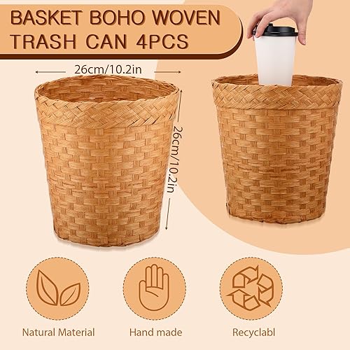 Miniatura 2 de Bokon 4 cestas de basura de pajita, estilo bohemio, tejidas, naturales, para baño, papelera, papelera, papelera, papelera pequeña, redonda, para