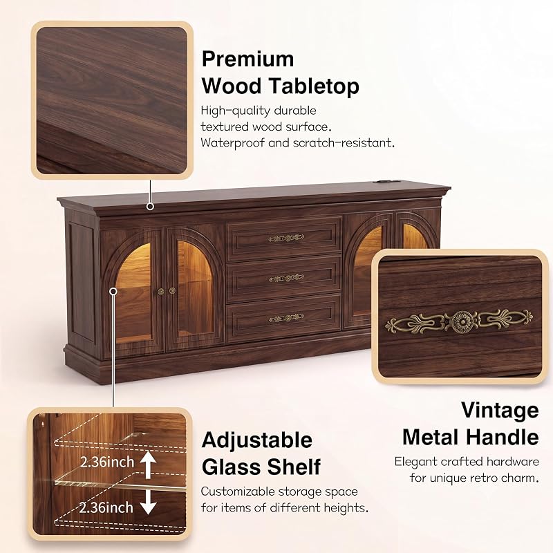 YESHOMY Farmhouse LED TV Stand for 70" TV with Power Outlets,Walnut Dark image 3