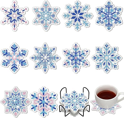 Juego de 10 posavasos de pintura de diamante 5D con copos de nieve, acrílico de invierno, posavasos de diamantes de copo de nieve con soporte base