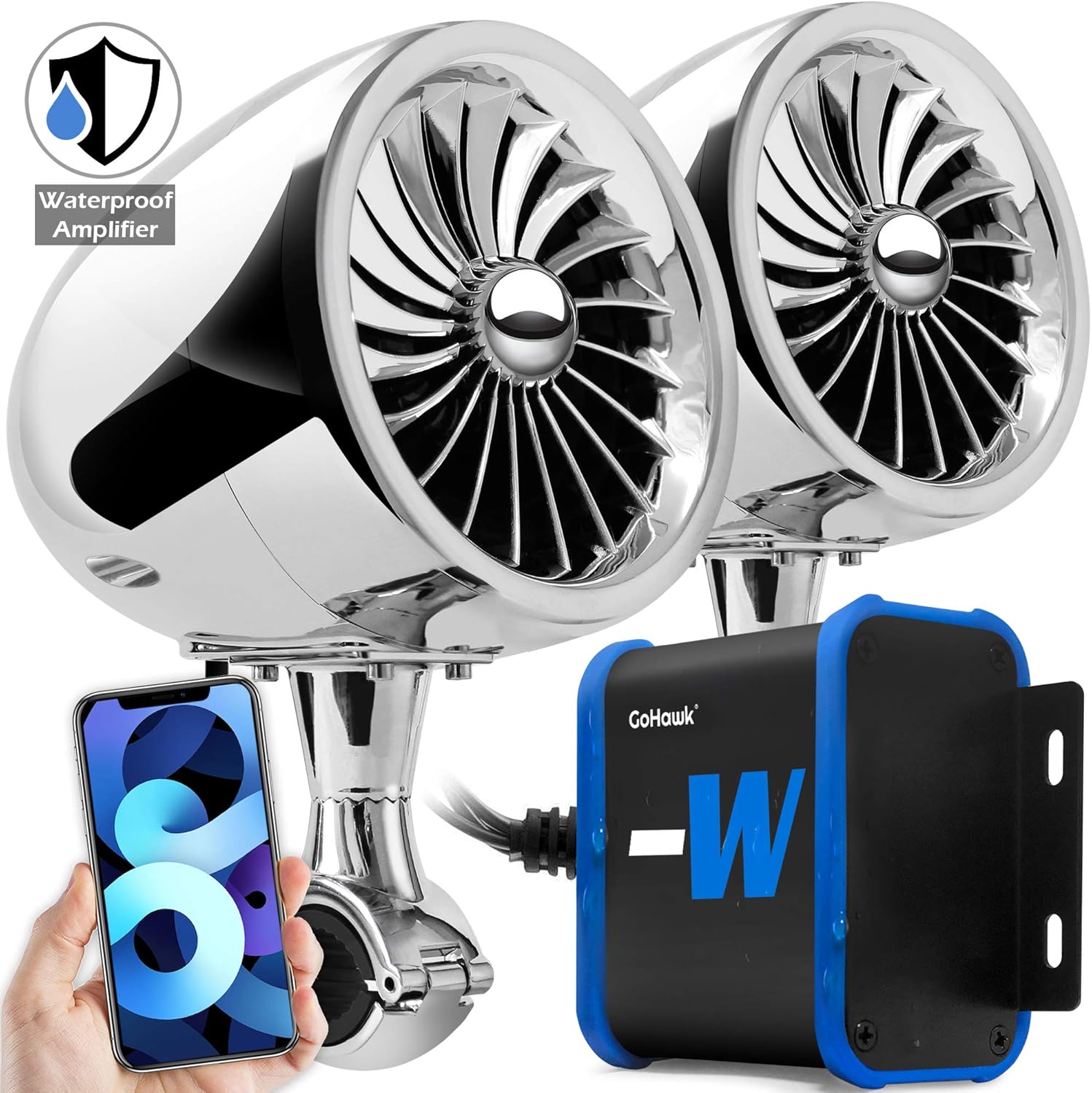 GoHawk TJ4-W Waterproof Amplifier 4 Full Range Bluetooth Motorcycle Stereo Speakers 1 to 1.25 in. Handlebar Mount Audio Amp System Harley Touring Cruiser ATV 4-Wheeler, USB, AUX, FM Radio