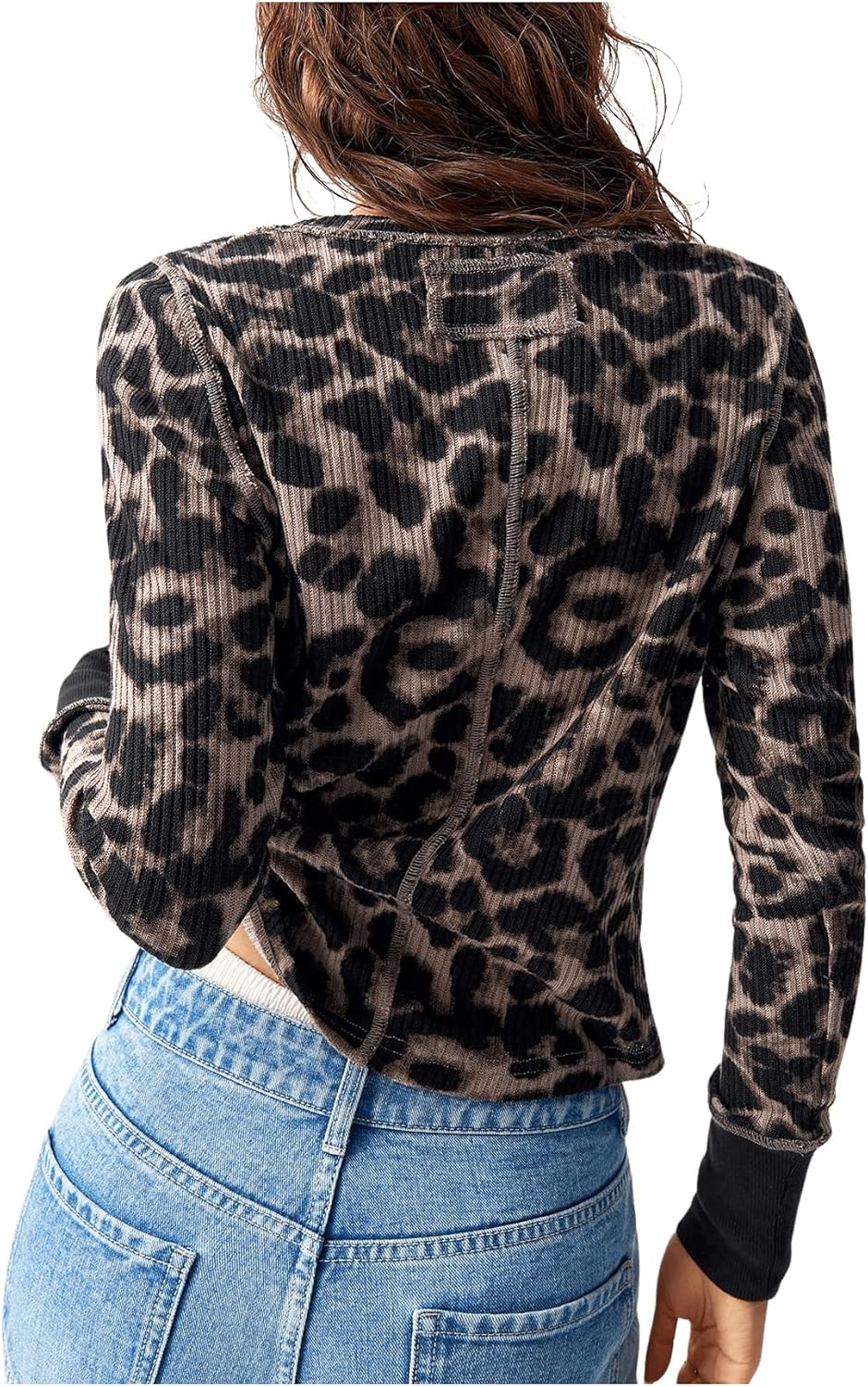 SweatyRocks Women's Leopard Print Tops Crew Neck Long Sleeve Underscrub Fitted Shirt Fall Outfits - Image 2