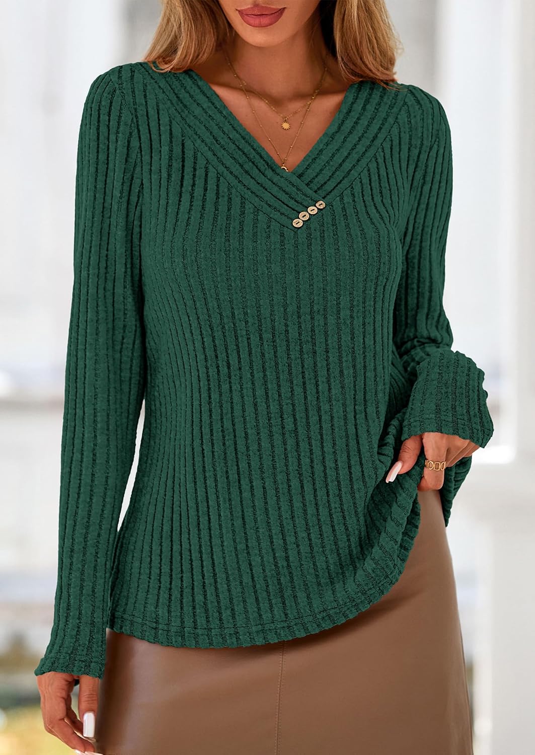 PRETTYGARDEN Women's Long Sleeve Shirts 2026 Fall Fashion Clothes Ribbed V Neck Spring Loose Tunic Tops Lightweight Sweaters - Image 4