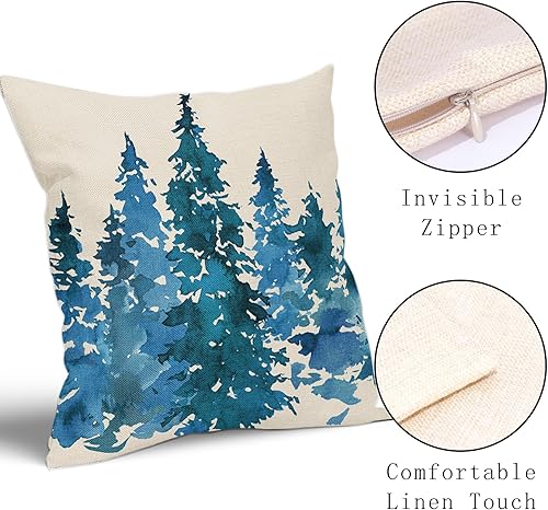 Miniatura 3 de Juego de 2 fundas de almohada con diseño de árbol de acuarela azul, verde azulado y verde azulado, de 18 x 18 pulgadas, con temática natural,