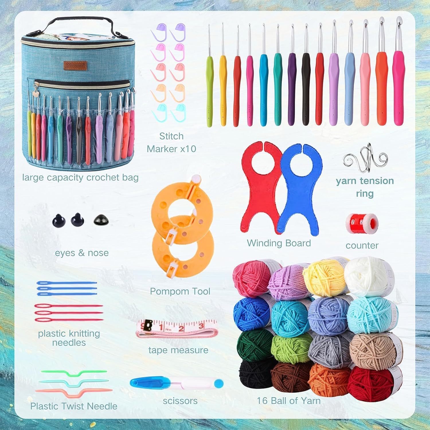 Yarniss Crochet Kits for Beginners,1120 Yards Yarn Kits 16 Colors,Crochet Set with 14 Size Ergonomic Crochet Hooks 2.0mm~10.0mm,Crochet Bag Organizer,Slate Blue