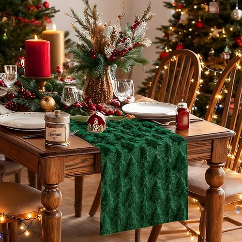 Miniatura 7 de IVAPUPU Camino de mesa de Navidad para vacaciones de invierno, árbol de Navidad verde de felpa suave con pelusa, decoración del hogar de Navidad de
