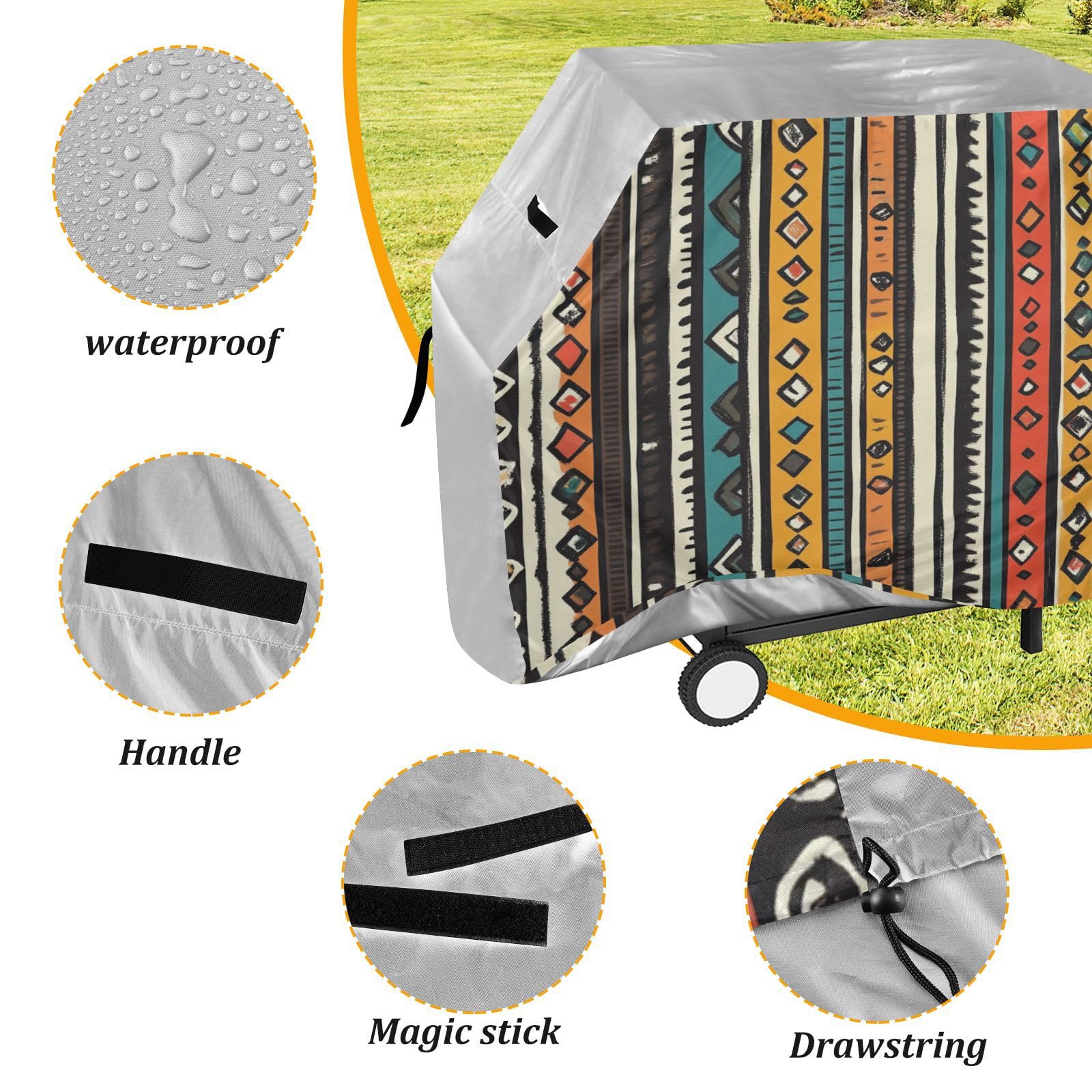 Pionowe paski boho retro pokrowiec na grilla 150 cm wodoodporny wytrzymały odporny na rozdarcie odporny na blaknięcie materiał pokrowiec na grilla z regulowanym sznurkiem na kurz i wiatr
