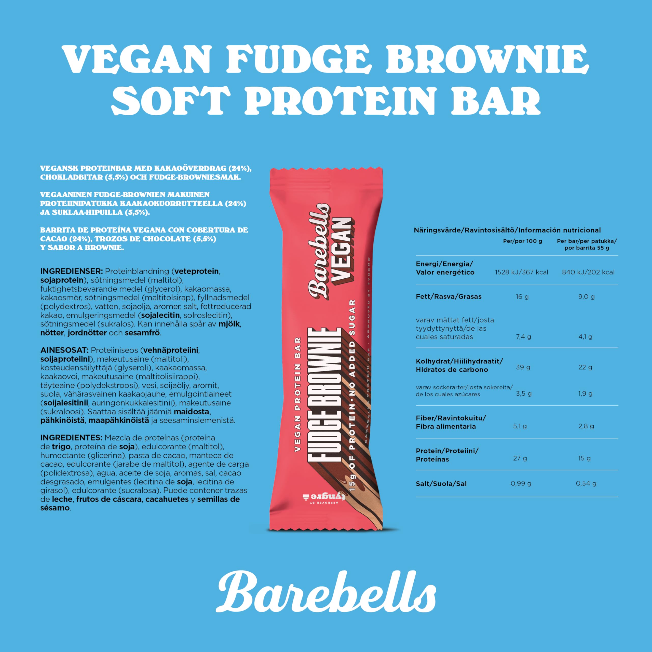 Barebells - Barritas Proteína Vegana - 15g Protein x Bar - Baja en azúcar - Baja en Calorías - Sin Aceite de Palma - Vegan Fudge Brownie (12 Barritas x 55g)