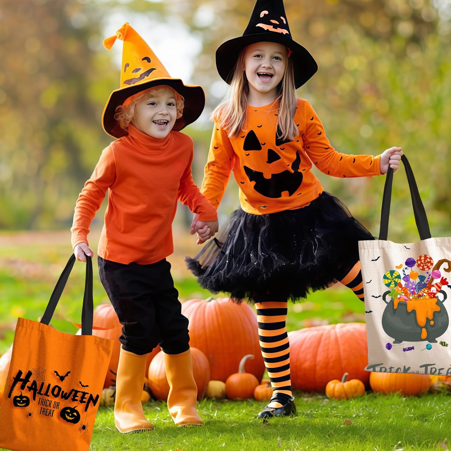 TYL&TYS 3PCS Halloween Treat Bags, Trick or Treat Canvas Reusable Large Tote Bucket for Kids, Halloween Candy Gift Bags - Image 9