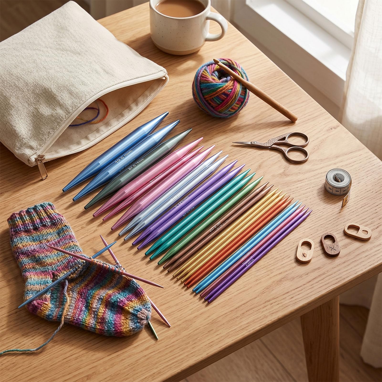 Depisuta Juego de Agujas de Tejer Intercambiables, 13 Pares | 3,0 a 10,0 mm, 4 cables de 40,7 a 100,7 cm, estuche con cremallera, aluminio, acero inoxidable, PU para calcetines, bufandas