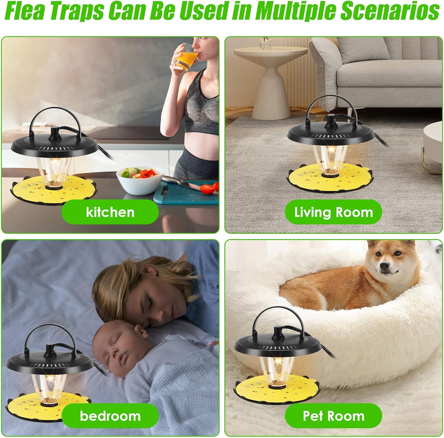 Flea Trap Indoor 2Pcs,Flea Strap Flea Killer Trap Pad Bed Bug Trap with 10 Glue Discs flea 4 Light Bulb Flea Trap for Inside Your Home Like Fleas,Flies,Mosquitoes,Gnats,Moths