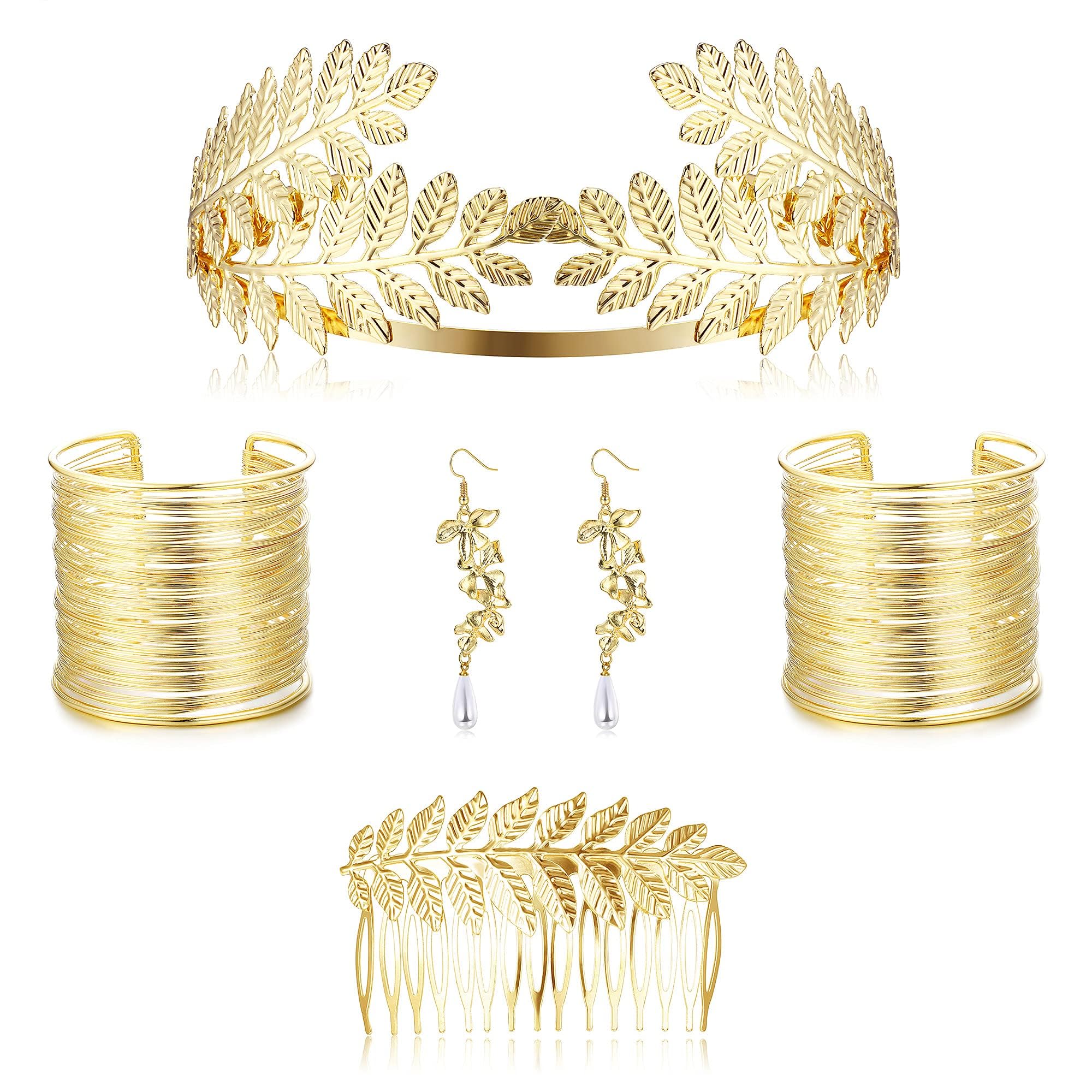 LOLIAS Costume Greek Goddess Woman Greek Goddess Accessories Laurel Leaf Crown Headband Arm Band Arm Reel Leaf Bracelet Pearl Earring Bridal Wedding Headpiece Jewelry
