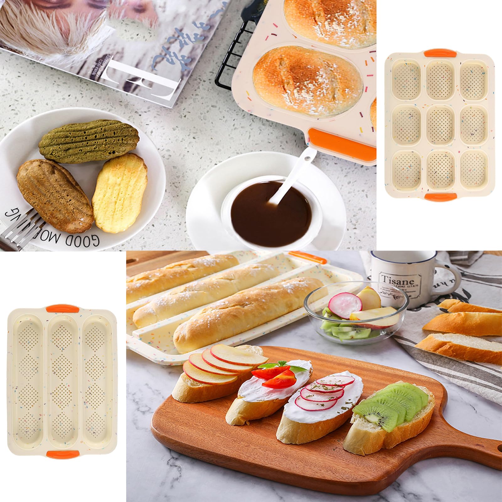 CJQINGRUN Silicone Baguette Bread Pan & Hamburger Bun Pan Set (3+9 Cavity), Nonstick French Bread Baking Mold w/Scraper & Brush, Dishwasher Safe Roll Pan for Hot Dog Buns, Hoagies