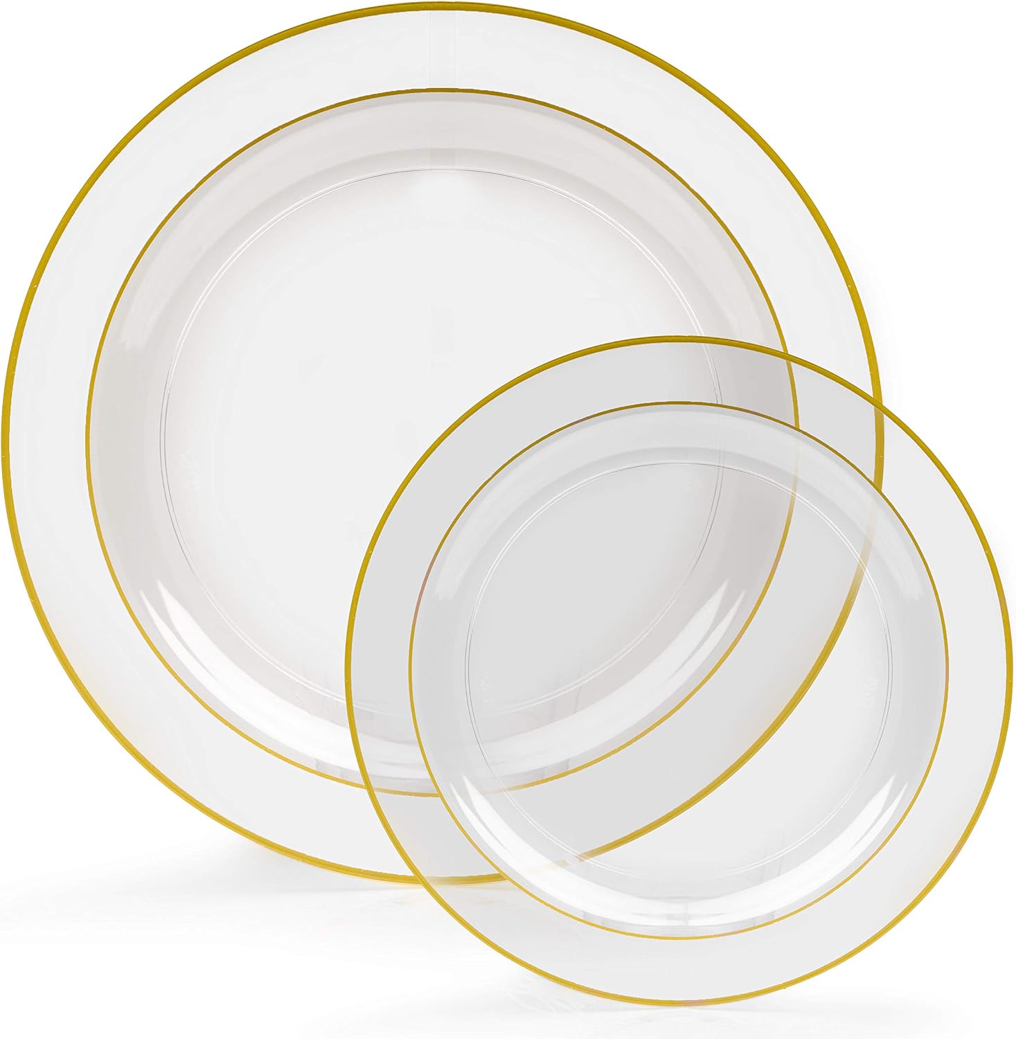 Ilyapa 60 Gold Rim Plastic Plates Set - Bulk Clear, Gold Rimmed Dinner & Salad Disposable Plates for Wedding or Party