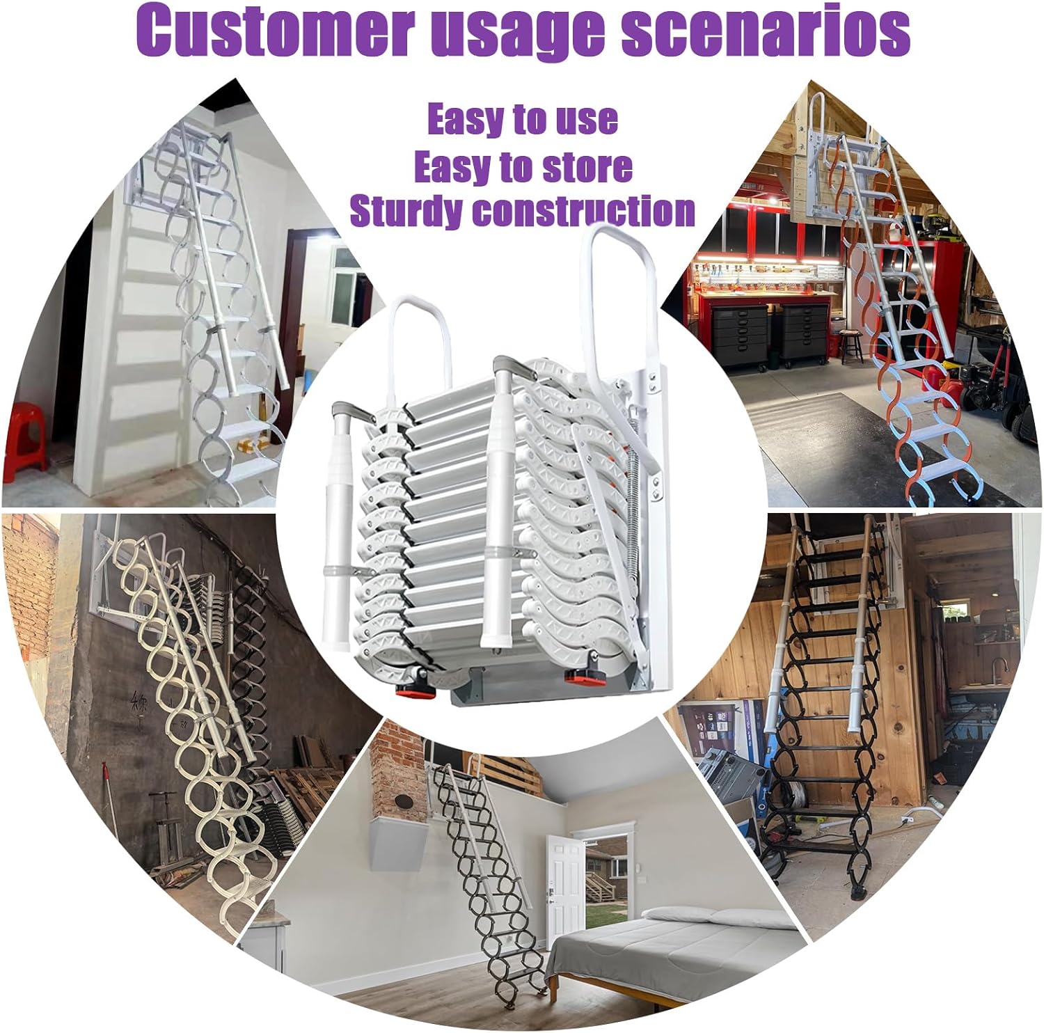 10FT Pull Down Attic Stairs, 12 Steps Wall Mounted Folding Loft Ladder,Extension Steps Ladder with Armrests， Folding Loft Staircase with Handrails