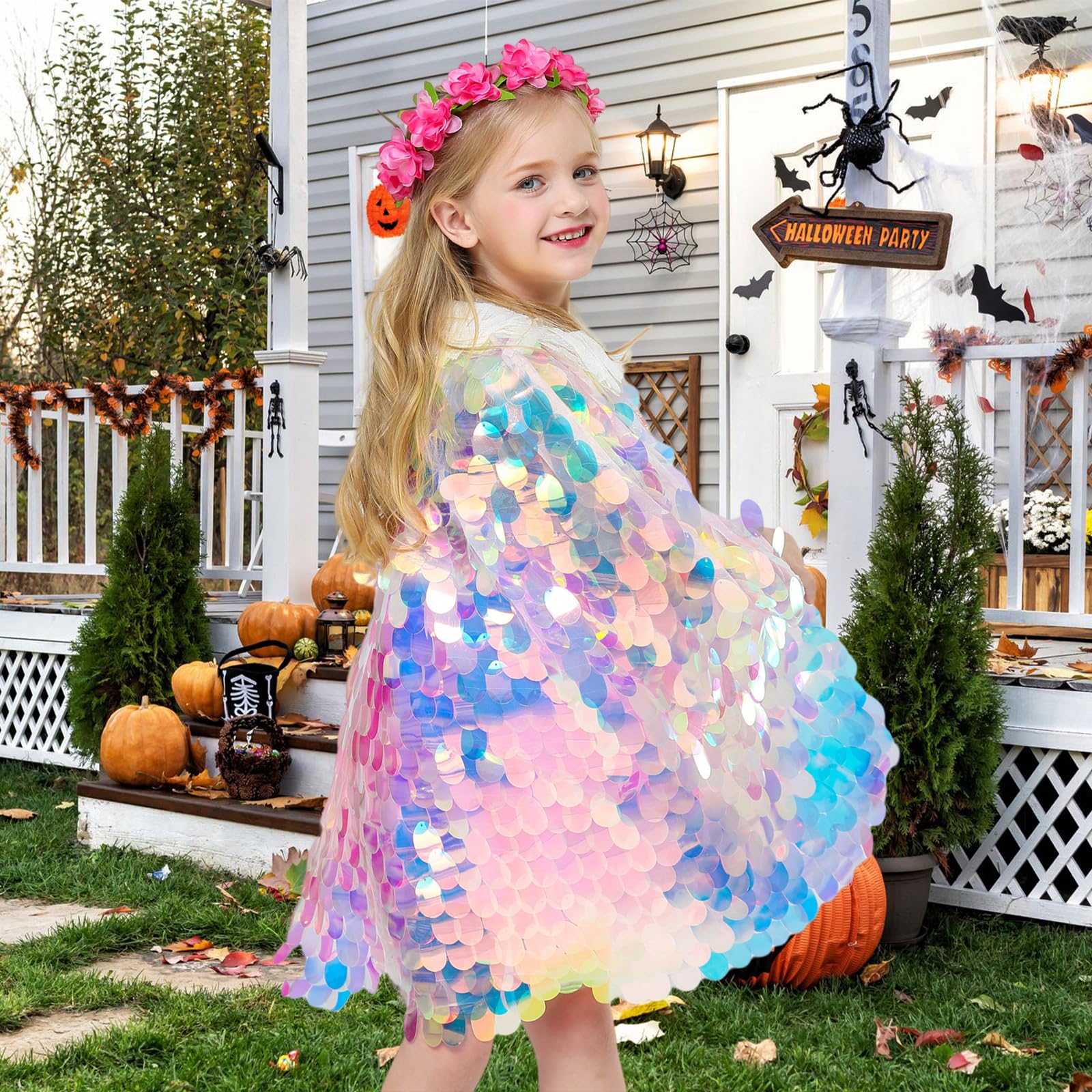 Mantello Principessa per Bambinedai 7 Anni in Su,Mantello Colorato con Paillettes,Disfrazzo Brillante Bambino Fantasia Halloween Carnevale Giochi di Ruolo
