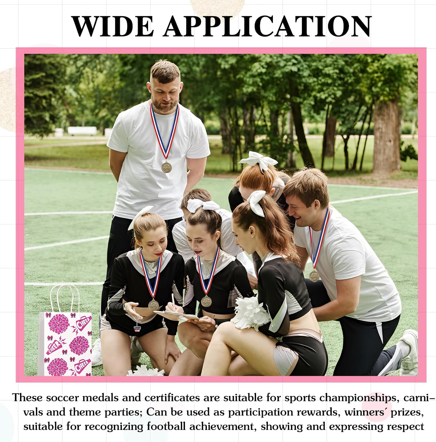 Liliaafar 60 Pcs Cheer Gift Bulk for Team Cheerleading Gifts 12 Award Medals and Certificates Cheer Bracelets Keychain Gift Bag for Female Teammates Accessories