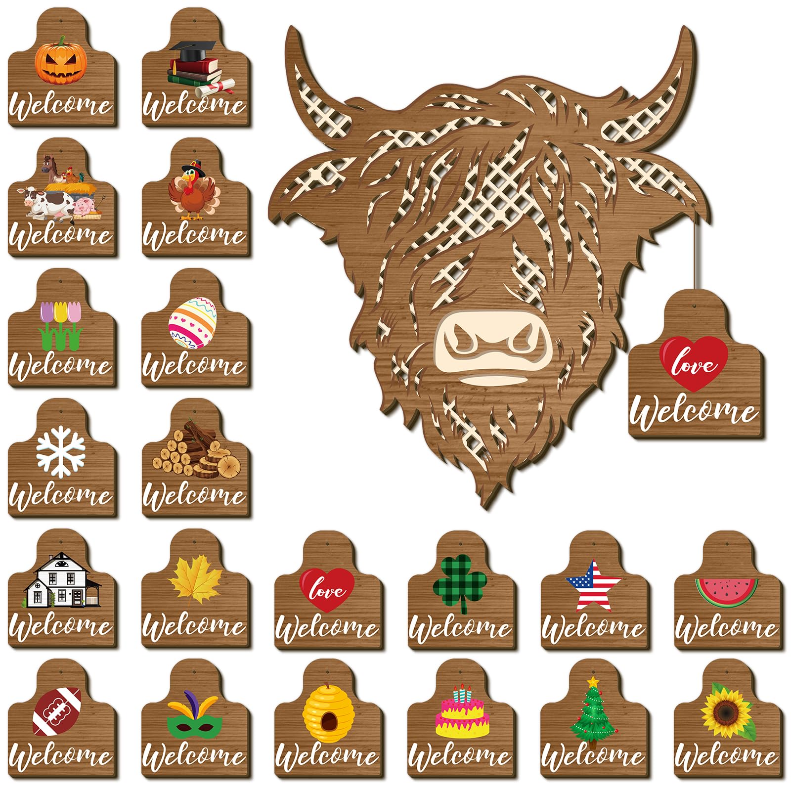 Geetery 21 Pcs Highland Cow Head Door Wreath Cow Welcome Door Hanger Sign Rustic Wooden Cow Decor Farmhouse Highland Cow Gifts for Home Front Door Welcome Sign with 20 Pcs Label