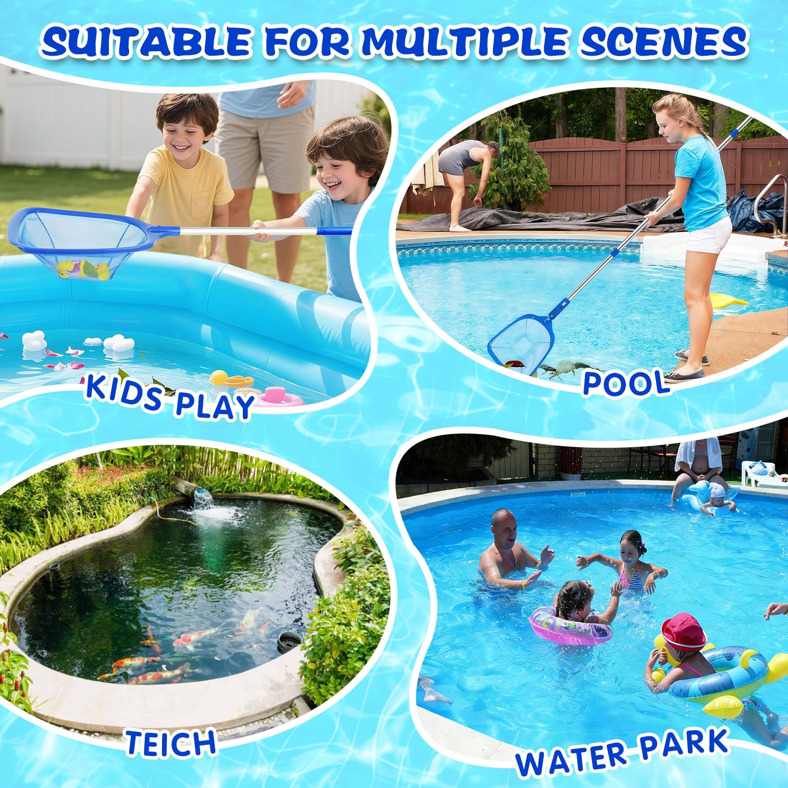 Epuisette Piscine avec Manche Telescopique 2,1 M, Écumoire de Piscine à Mailles Fines avec Brosse, Écumoire à Tamis à Mailles Fines, Kit d'écumoire de Piscine avec Chiffons de Nettoyage pour Piscines
