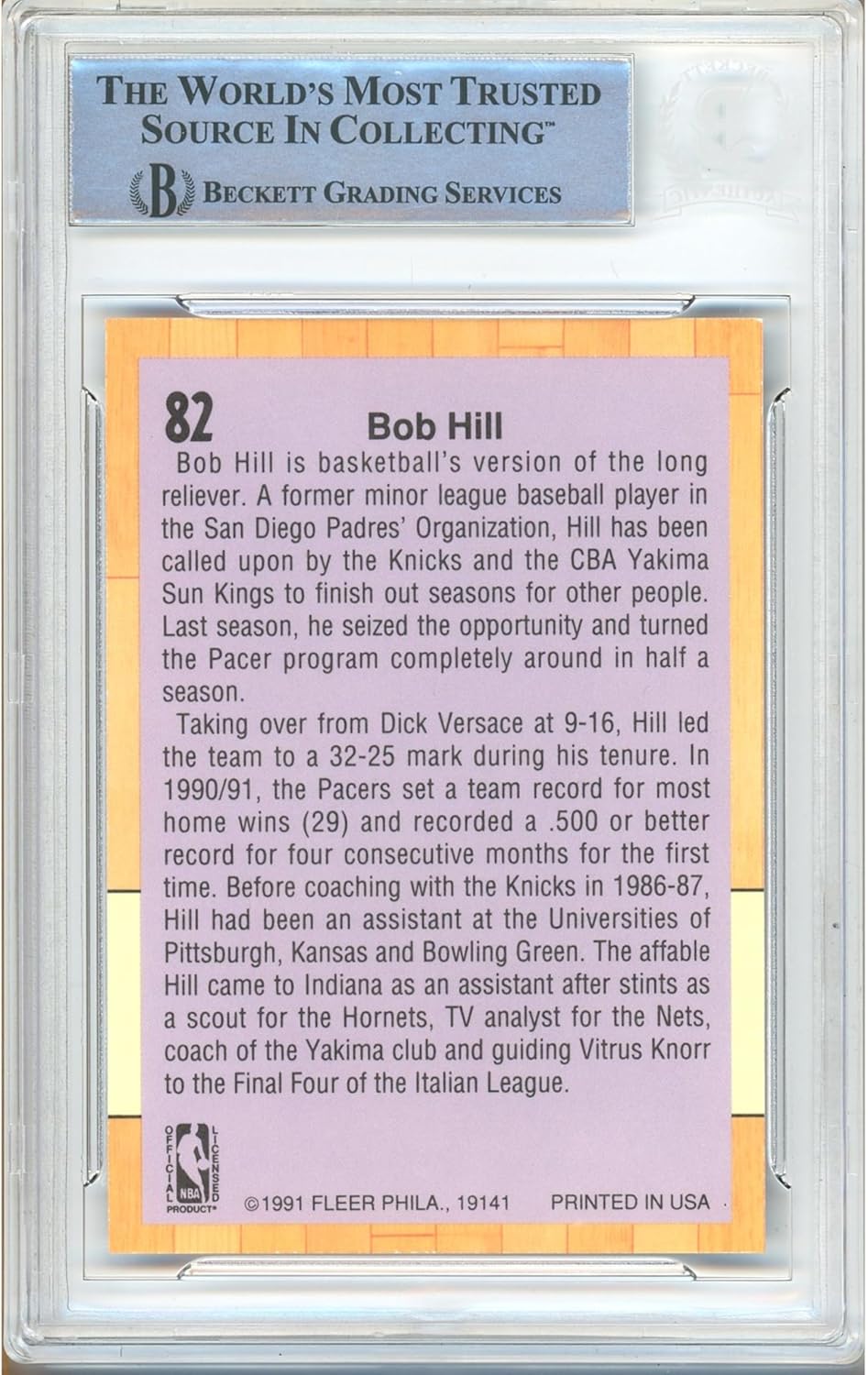 Bob Hill Autographed 1991 1992 Fleer #82 Basketball Trading Card Slab Beckett BAS Authentic Slabbed COA Played For Indiana Pacers NBA