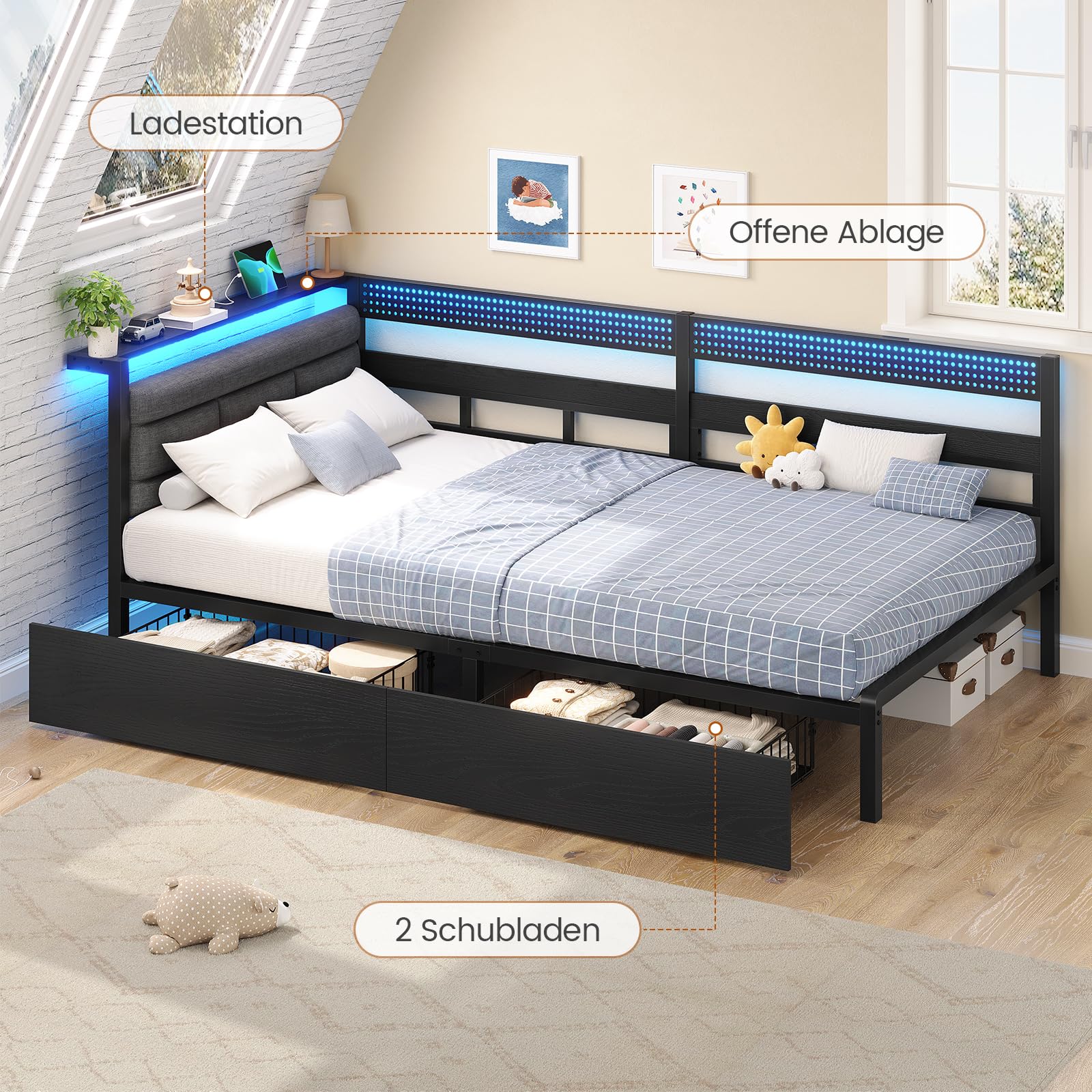 KIMENICH Polsterbett Schlafsofa 90x200 mit LED-Beleuchtung, Ladestation, Tagesbett, Jugendbett mit 2 Schubladen und Lattenrost aus Metall, Gepolstertes Kopfteil mit Offener Ablage, Schwarz