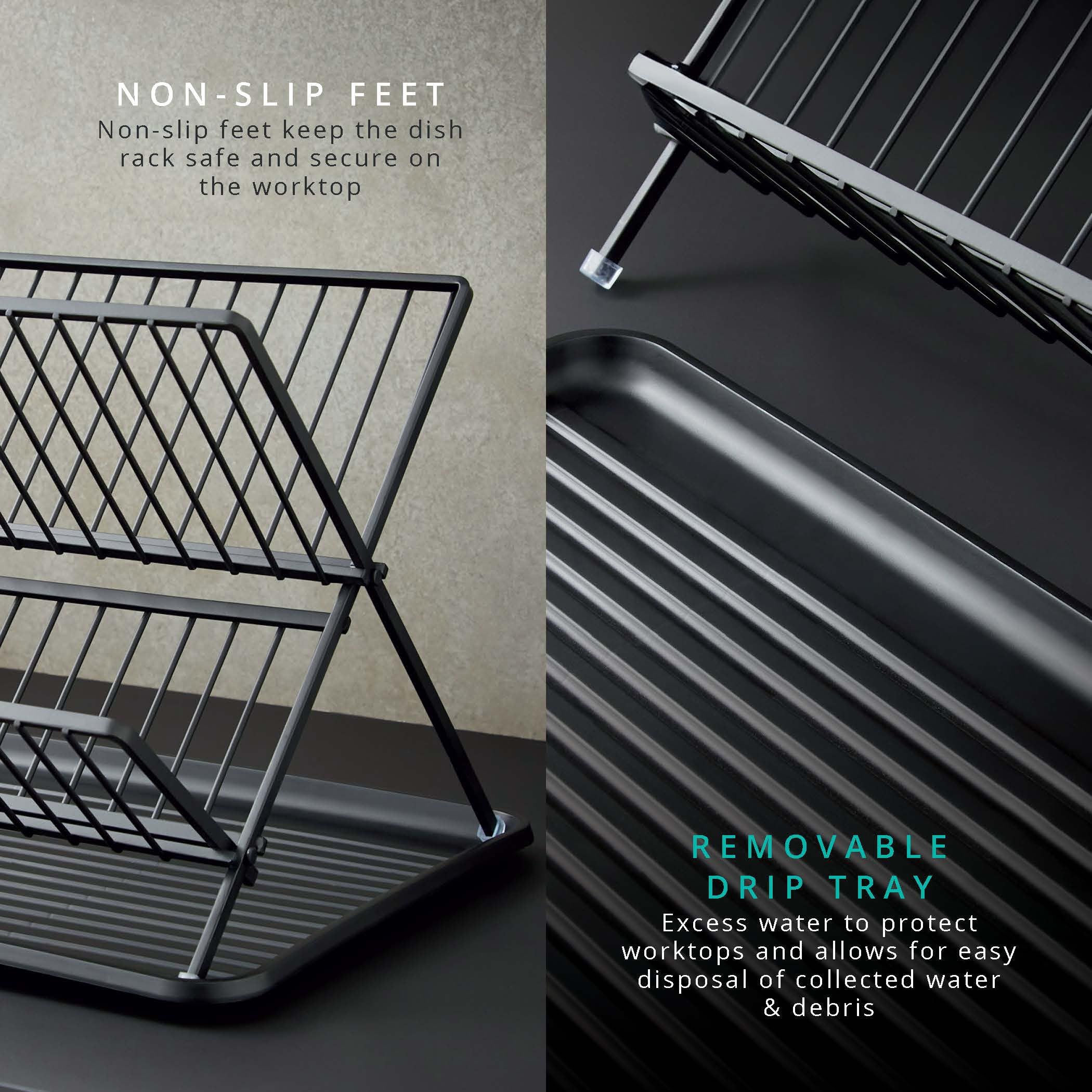 Swan SKWA5071BLK Stealth - Escurridor Plegable para 15 Platos con Bandeja de Goteo extraíble, diseño de Dos Niveles Que Ahorra Espacio, Cuerpo de Hierro, Color Negro