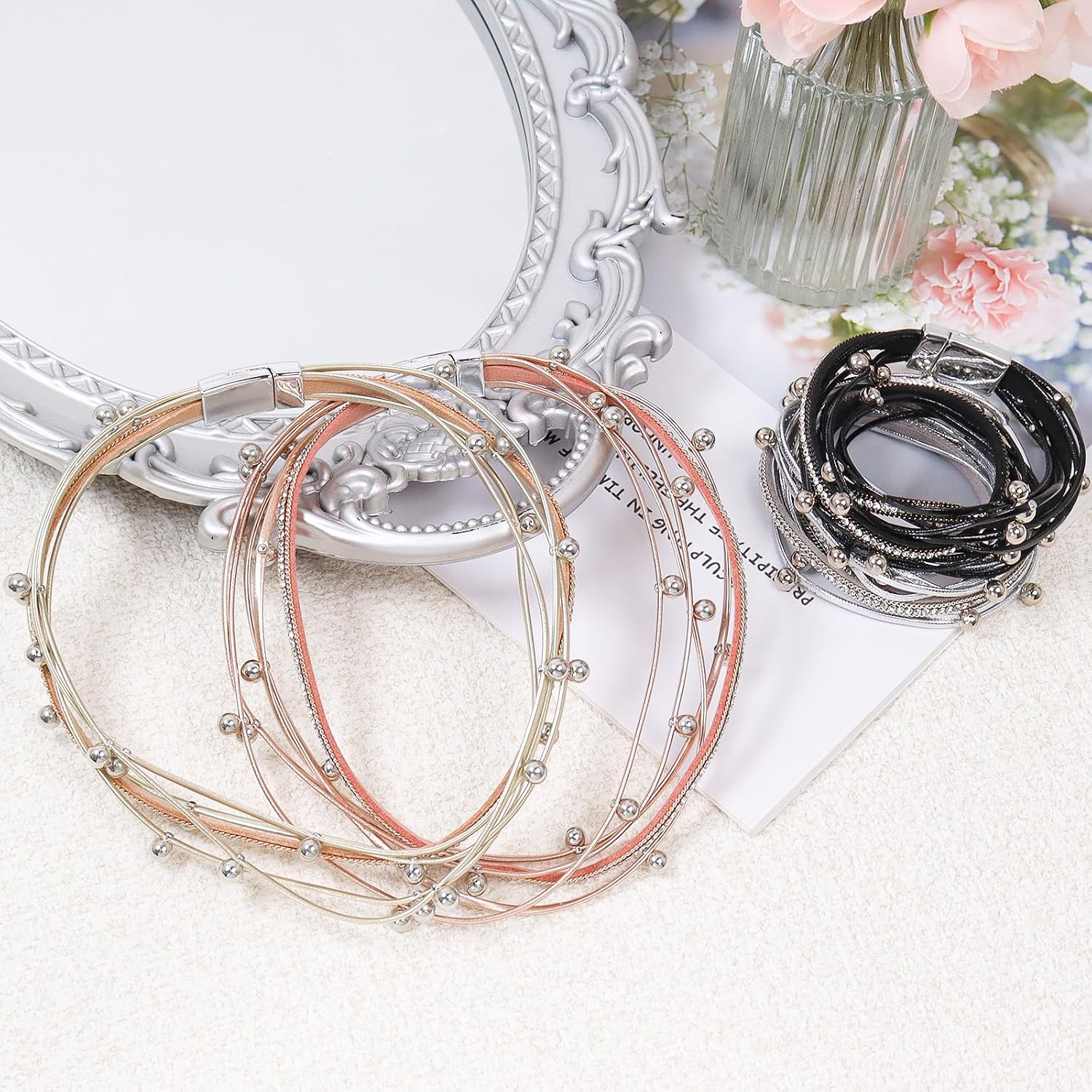 2 Pcs Leather Wrap Bracelets for Women Boho Rustic Multi-Layer Bracelet Clasp Beads Stackable Faux Rhinestone Bracelet Cuff for Women Slender Wrist