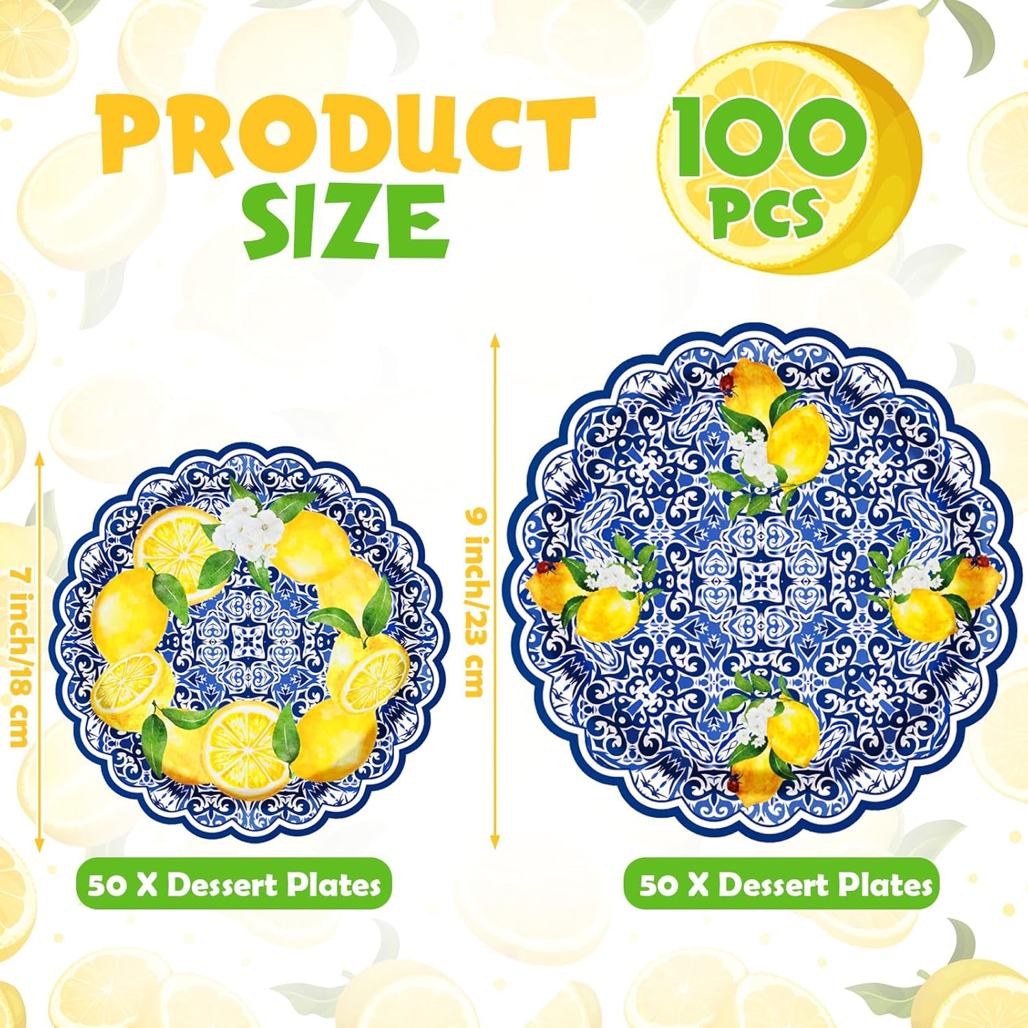 Vesici 100 Pack Capri Lemon Paper Plates Set 9 in 7 in Blue Tiles Yellow Lemon Plates Disposable Italian Amalfi Coast Party Decorations for Birthday Wedding Engagement Party Supplies, Serve 50 Guest