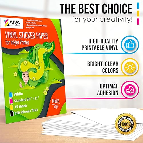 Vista 28 de Papel adhesivo de vinilo imprimible, papel de calcomanía impermeable para impresora de inyección de tinta, 30 hojas autoadhesivas, blanco mate