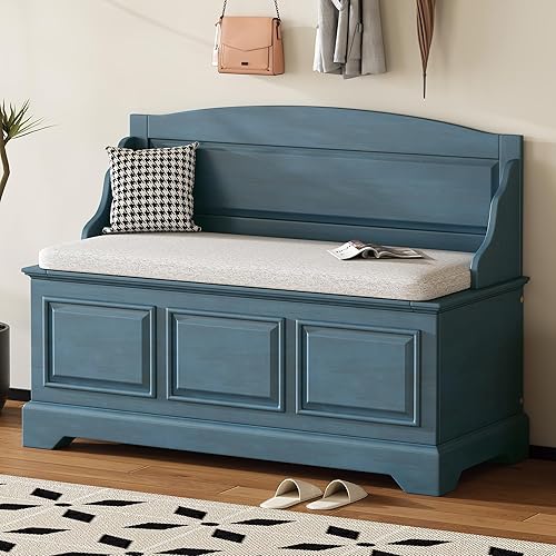 Miniatura 20 de P PURLOVE Banco de almacenamiento de estilo rústico de 42 pulgadas con bisagra de seguridad, banco de almacenamiento multifuncional de madera maciza