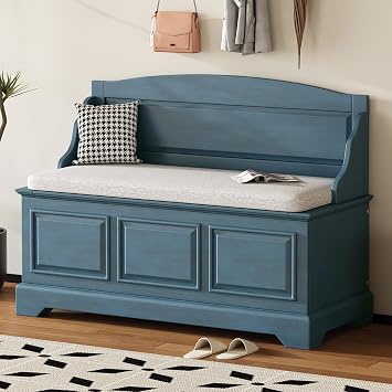 P PURLOVE Farmhouse Storage Bench,Wood Entryway Storage Bench Shoe Bench with Removable Cushion for Living Room,Entryway,Hallway