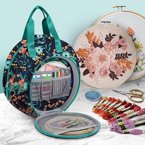 Miniatura 21 de FINPAC Bolsa para proyectos de bordado, suministros de bordado con múltiples bolsillos para hilo dental, aros, hilo, kit de herramientas de costura