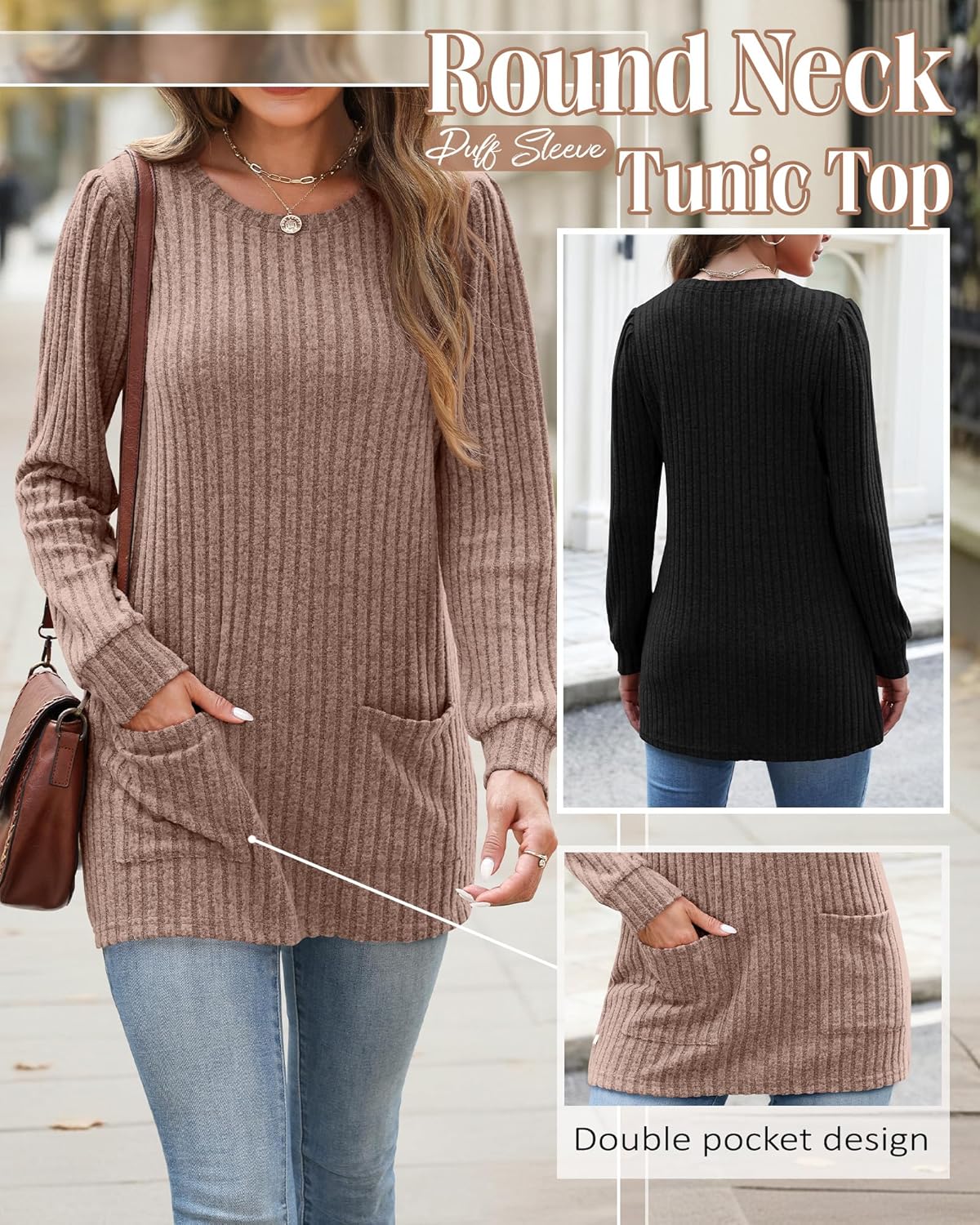 3 Pack Women's Long Sweaters with Pockets, Puff Long Sleeve Tunic Tops Crew Neck Ribbed Pullovers for Leggings - Image 5