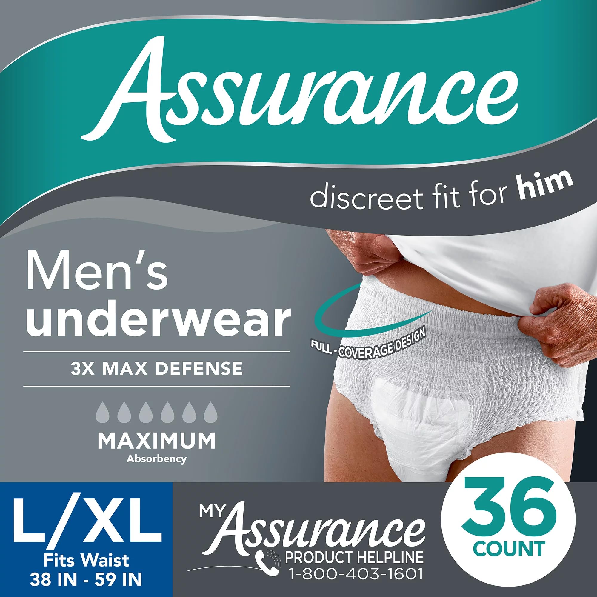 Generic Assurance Men's Incontinence Underwear, L/XL, Maximum Absorbency (36 Count), X-Large, White
