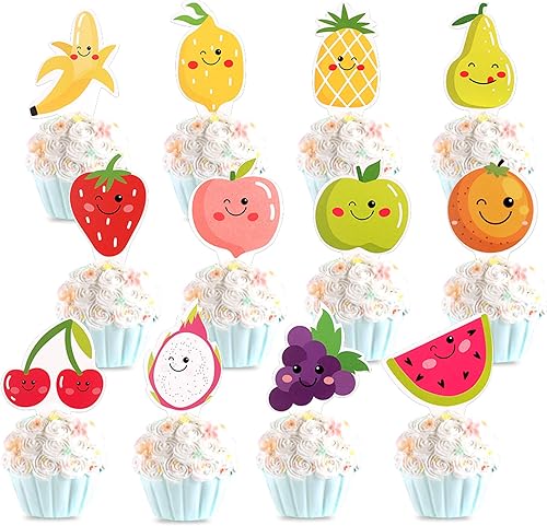Miniatura 3 de Unimall Pack de 24 decoraciones de magdalenas de frutas frutales Tutti  Tropicales veranos niños Happy Birthday Cake Toppers  sandía, limón, fresa,