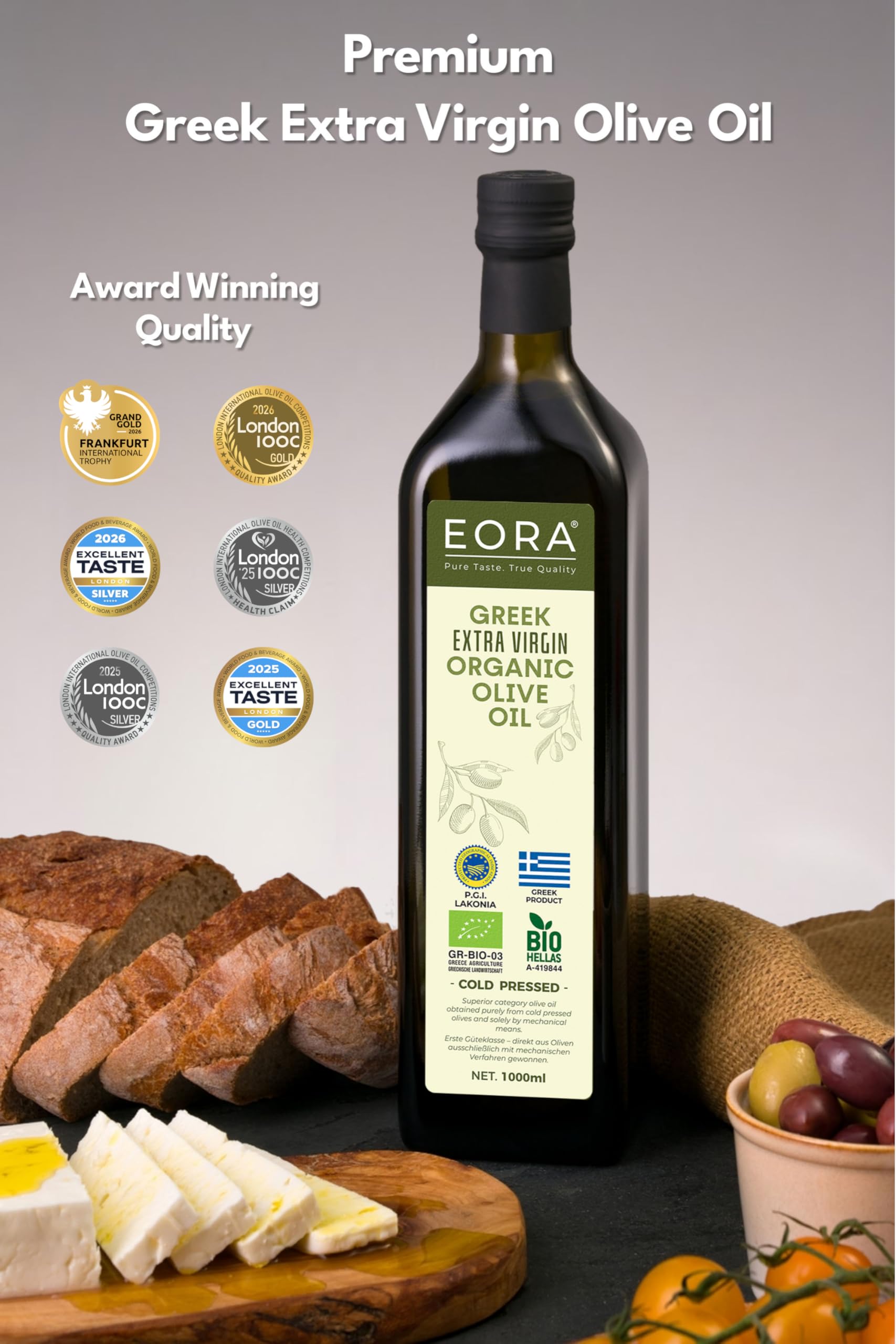 EORA Huile d’Olive Extra Vierge Grecque Bio Premium 1L (Nouvelle Récolte 25/26) – Haute teneur en polyphénols, extraite à froid, très faible acidité ~0,3% – origine unique IGP Lakonie, Grèce