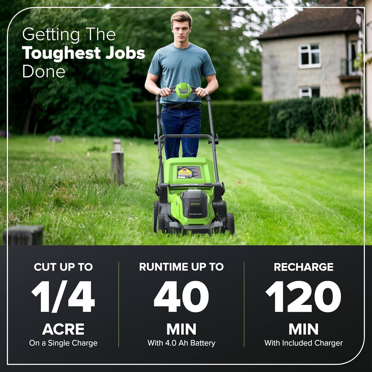 Side view of the Greenworks 40V 17-inch Brushless Cordless Lawn Mower