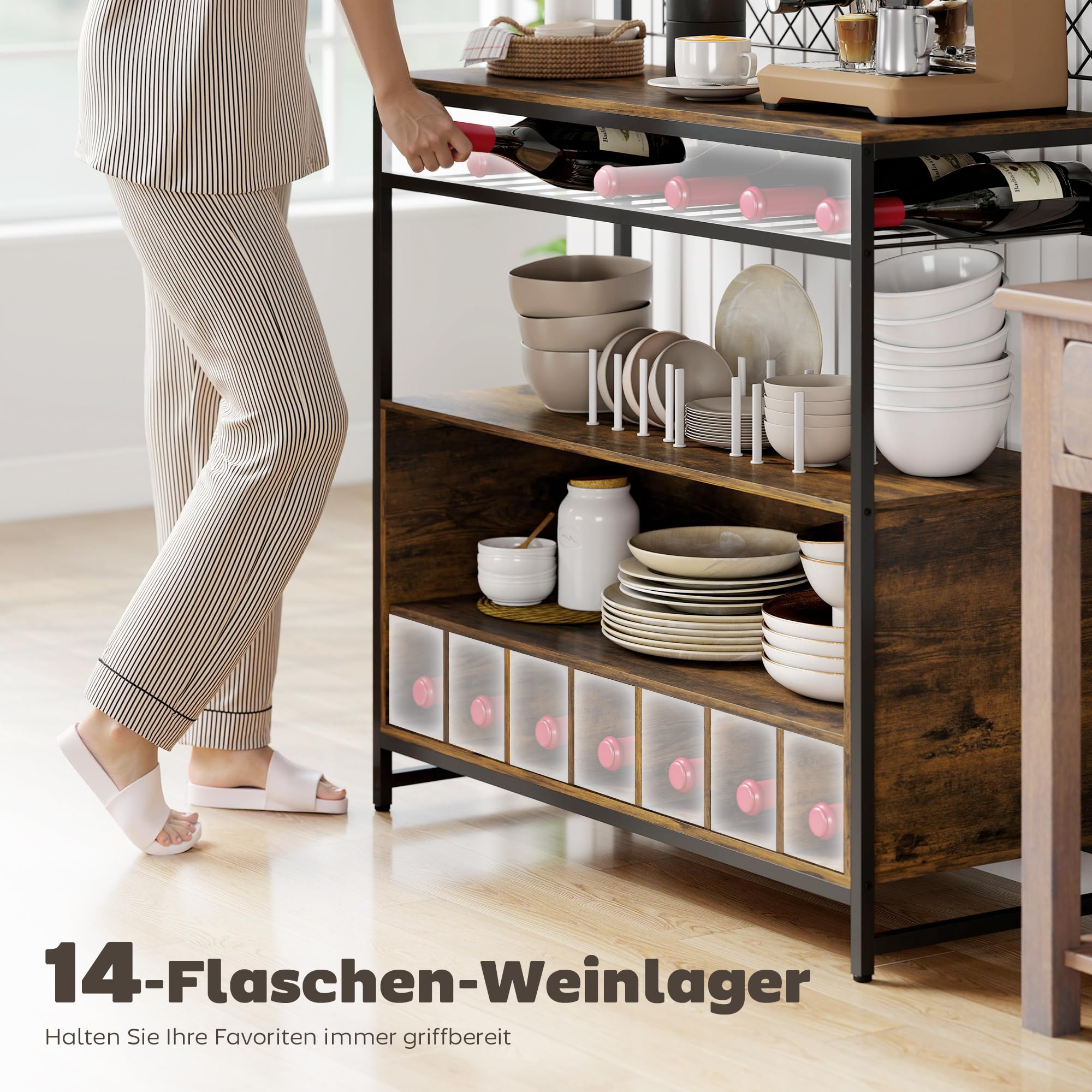 HOMCOM Küchenregal, Standregal mit 5 S-Haken, 2 Ablagen, Metallgitterpaneele, Kaffeebar mit Weinregal, Bäckerregal aus Metallrahmen, Rustikal-Braun, 96,5 x 38 x 165 cm