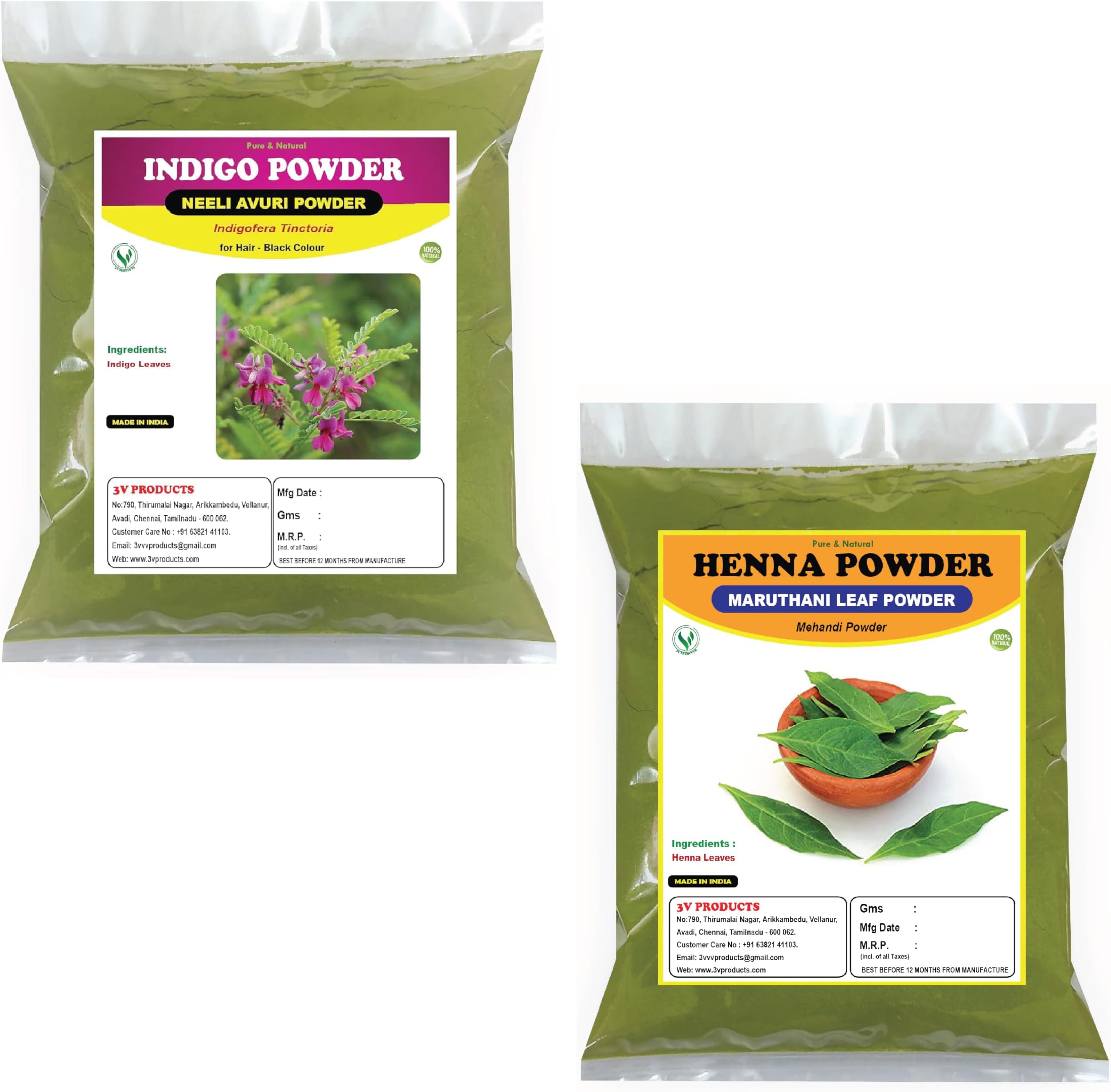 3V PRODUCTS Natural Indigo Powder | Neeli Avuri 50g + Henna Powder | Mehandi | Maruthani 50g Combo for Hair Colour | Hair Care | Hair Thinning | Suitable for All Hair Types (Unisex)
