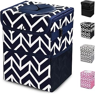 Orionstar Car Trash Can with Lid, Auto Garbage Bin with Storage Pocket, Waterproof Fabric and Leak-Proof Liner, Multipurpose Foldable Organizer Hanging Bag for Automotive SUV Trunk (Navy Blue)