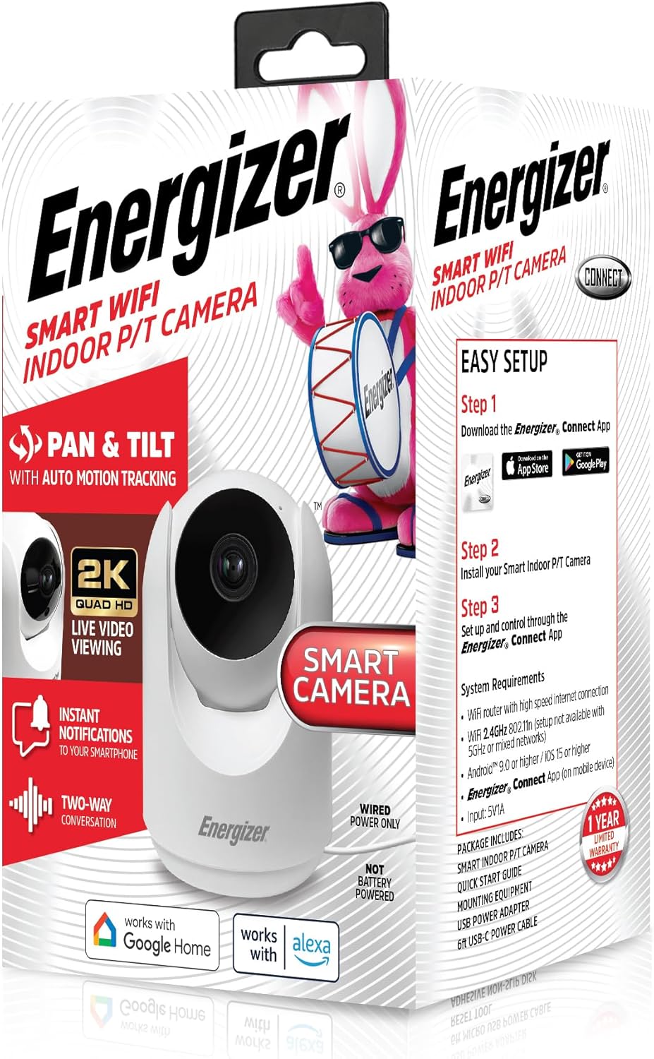 Energizer Smart 2K Indoor Pan & Tilt Wired Camera, Motion Tracking, Two-Way Audio, Night Vision, Instant Notifications, Recording, App, Hub-Free Wi-Fi Connection, Compatible with Alexa & Google Home