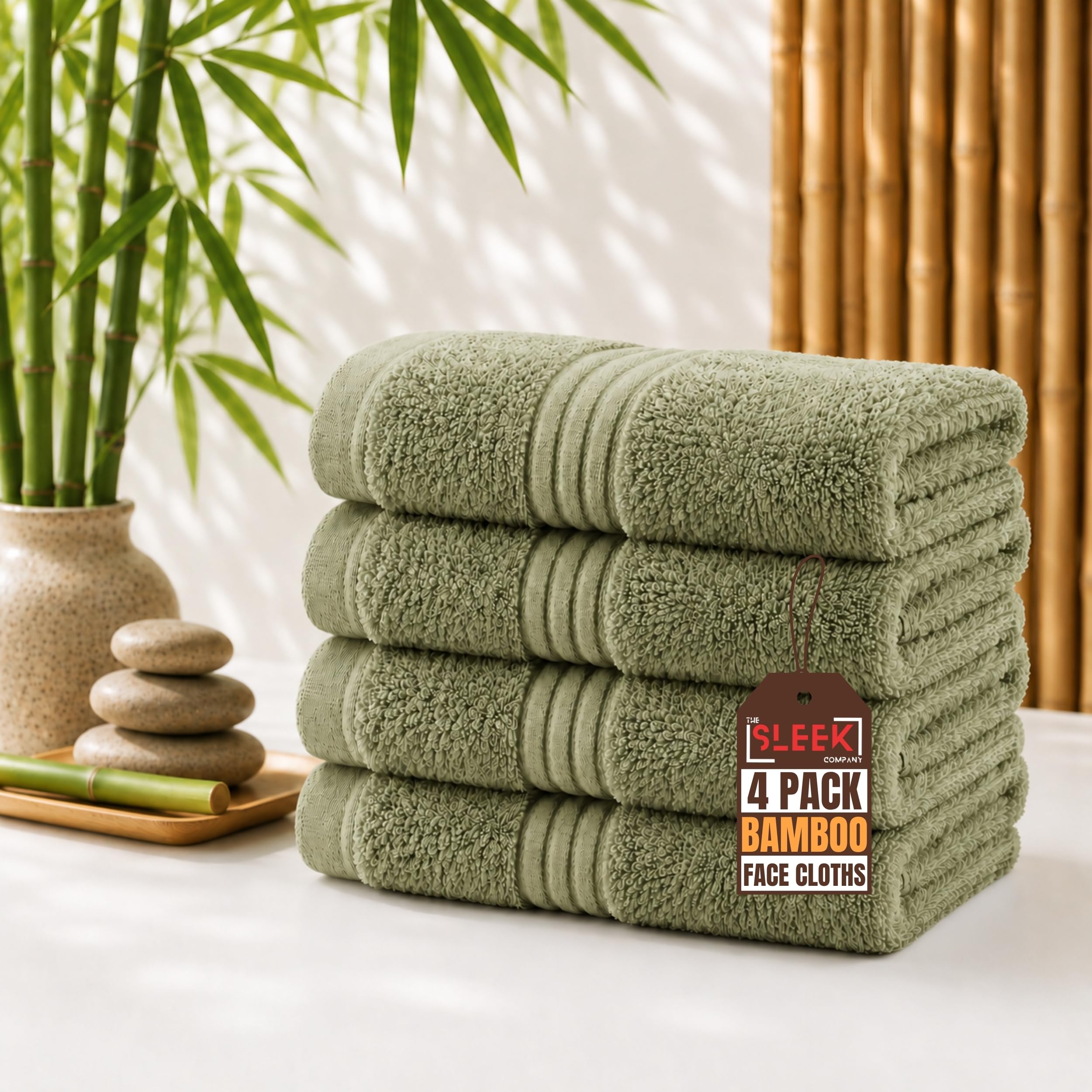 Luxury 700 GSM Bamboo Face Cloths (33x33 cm) – Pack of 4 – Soft, Hypoallergenic & Antibacterial Wash Cloth – Absorbent & Quick Dry Face Towels – Ideal for Home, Hotel, Gym, Skincare & Spa (Sage Green)