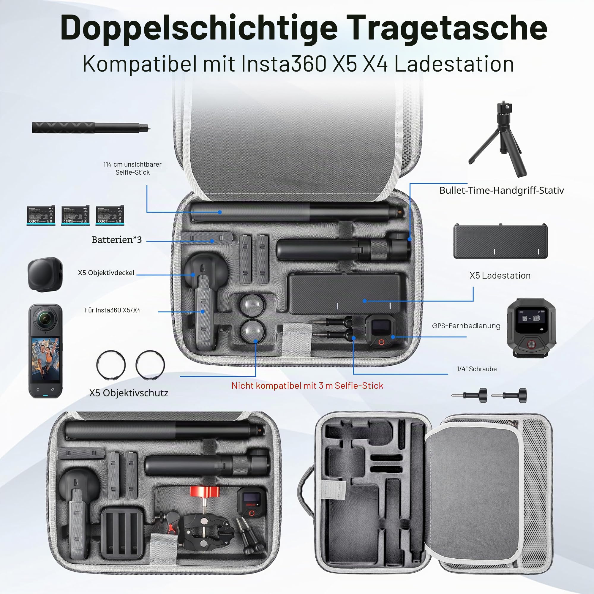 STARTRC VCR Tasche X5 Tragetasche für Insta360 X5 Aufbewahrung, schützende Reisetasche für Insta 360 X5 X4 Basic Bundle Akku Schnellladezubehör Bullet Time Griff / 114 cm Selfie-Stick