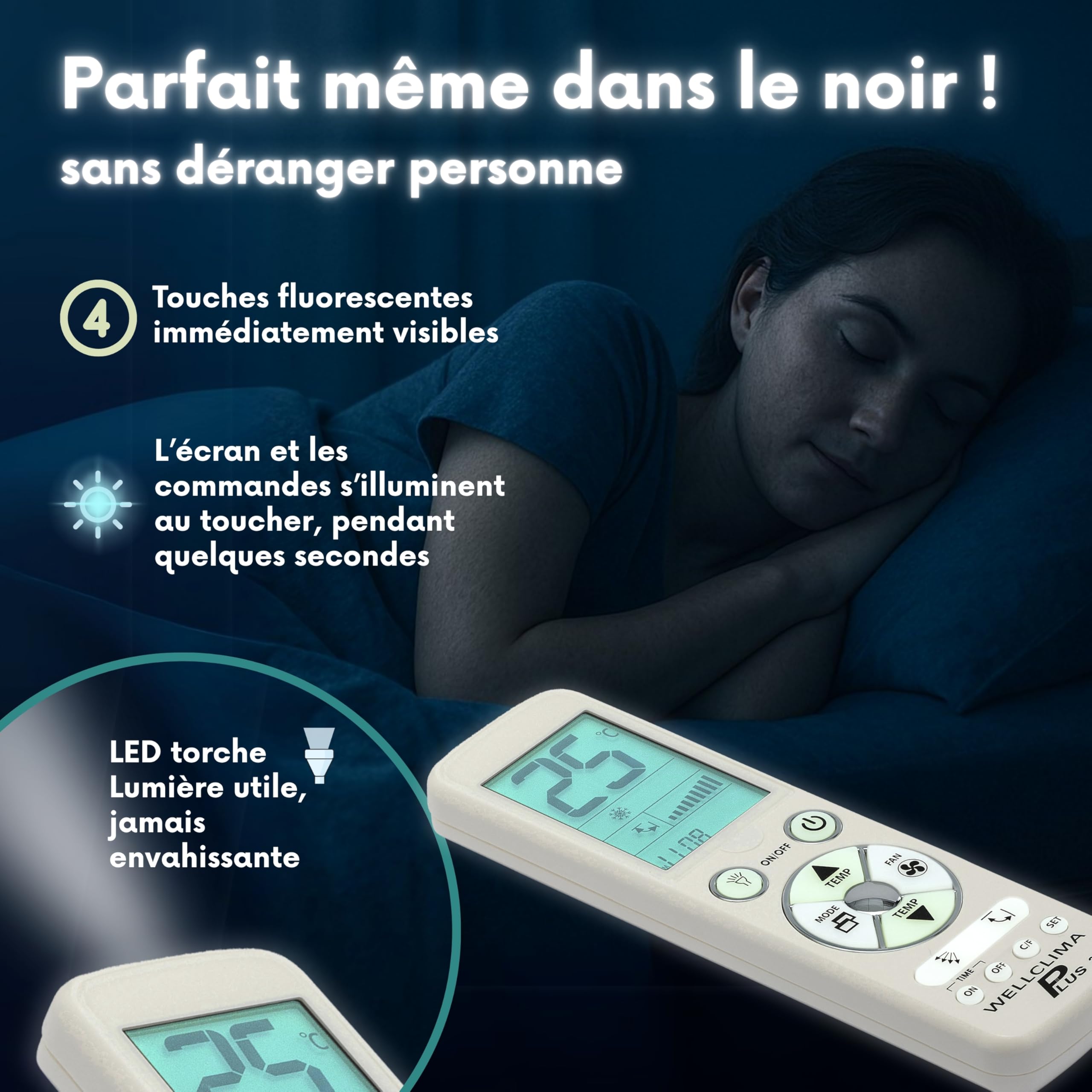 Wellclima Plus 2.0 – Télécommande Universelle pour climatiseur avec la Plus Large compatibilité du marché, Clavier et écran rétroéclairés, Lampe Torche LED, Assistance directe Wellclima